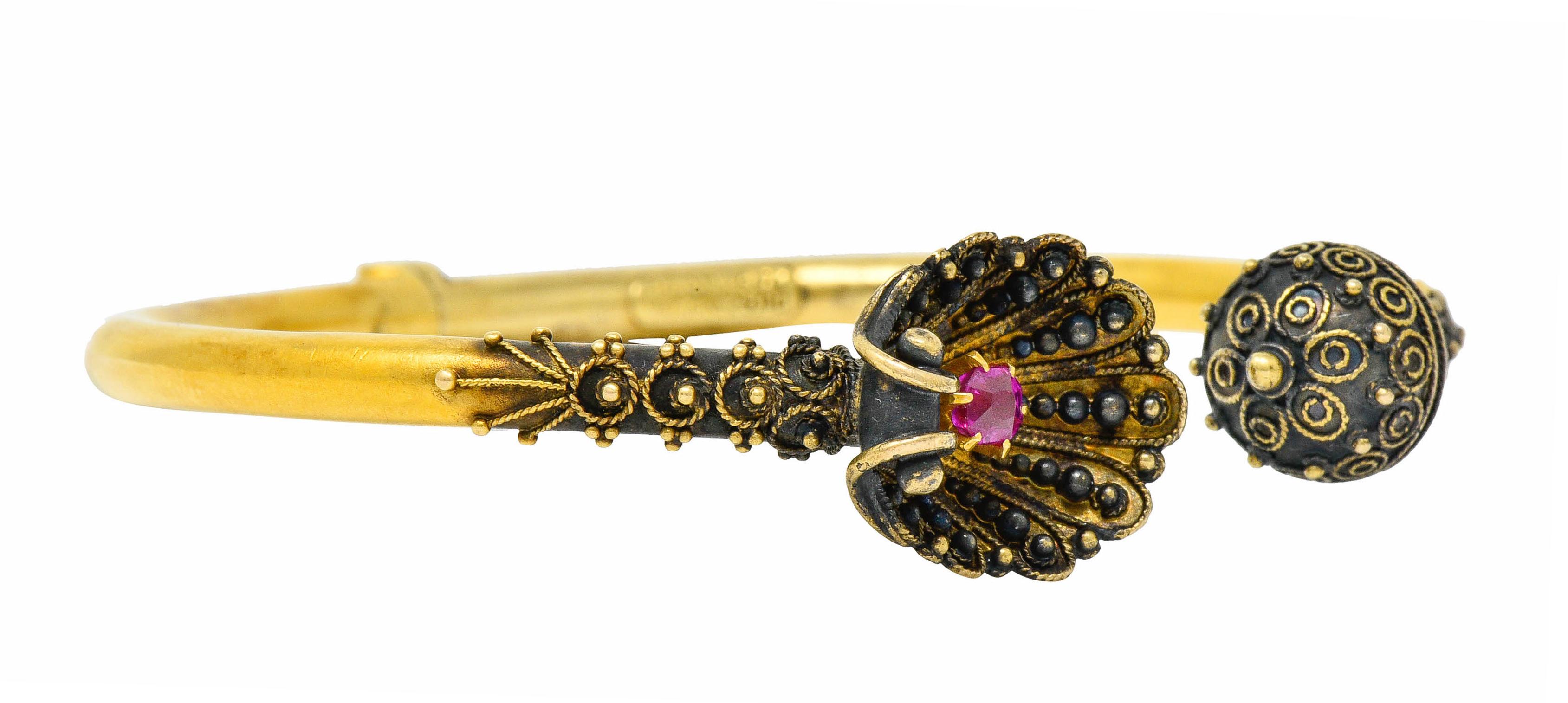 Cushion Cut 1870's Victorian Etruscan Revival Ruby 18 Karat Gold Cuff Bracelet