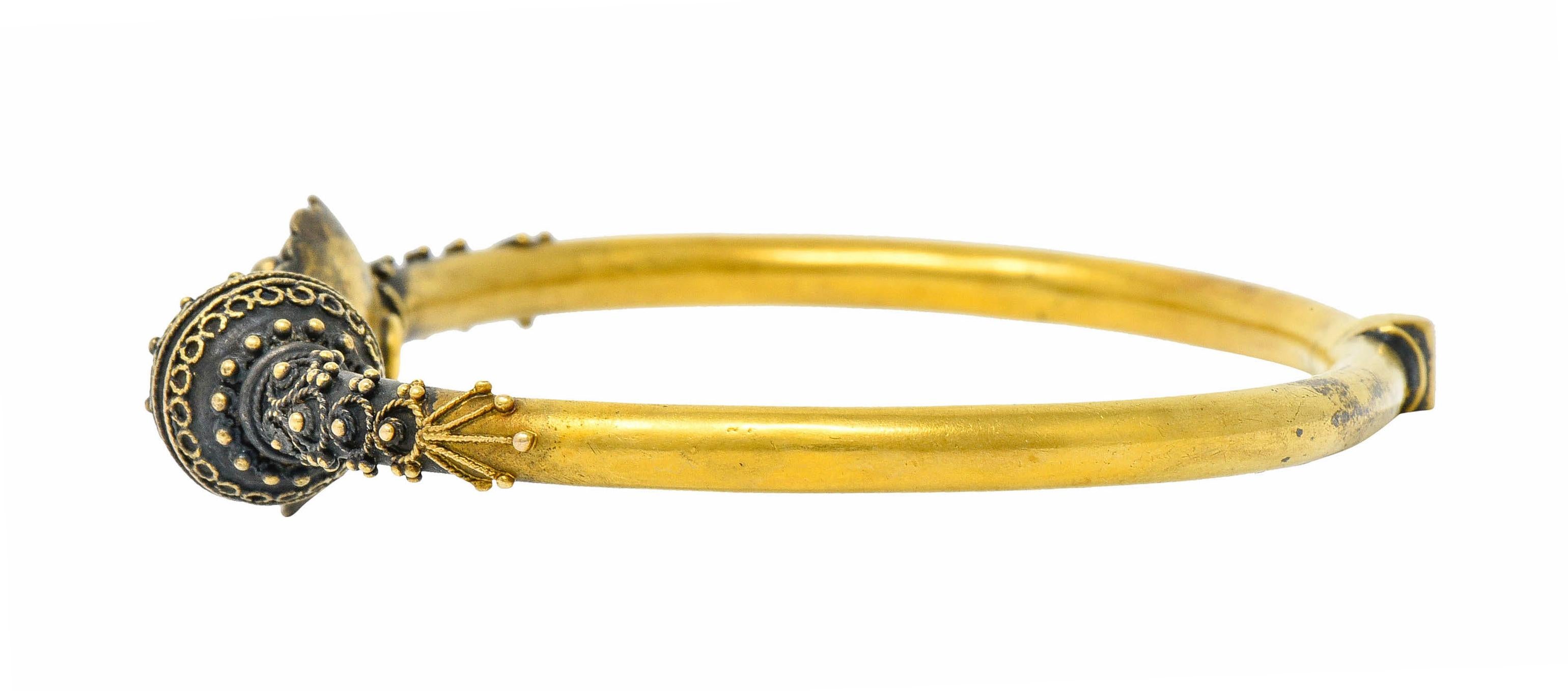 Women's or Men's 1870's Victorian Etruscan Revival Ruby 18 Karat Gold Cuff Bracelet