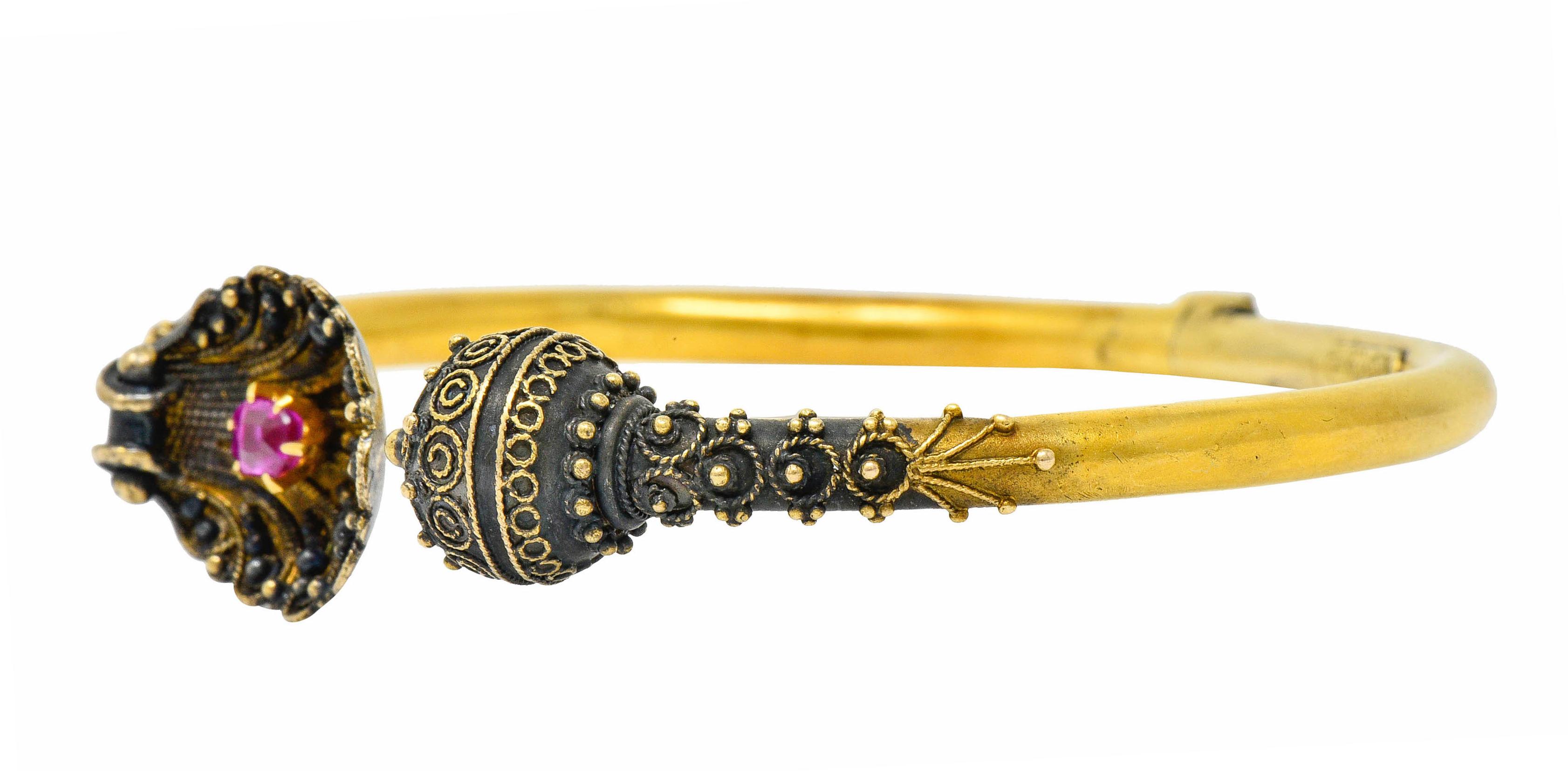 1870's Victorian Etruscan Revival Ruby 18 Karat Gold Cuff Bracelet 1