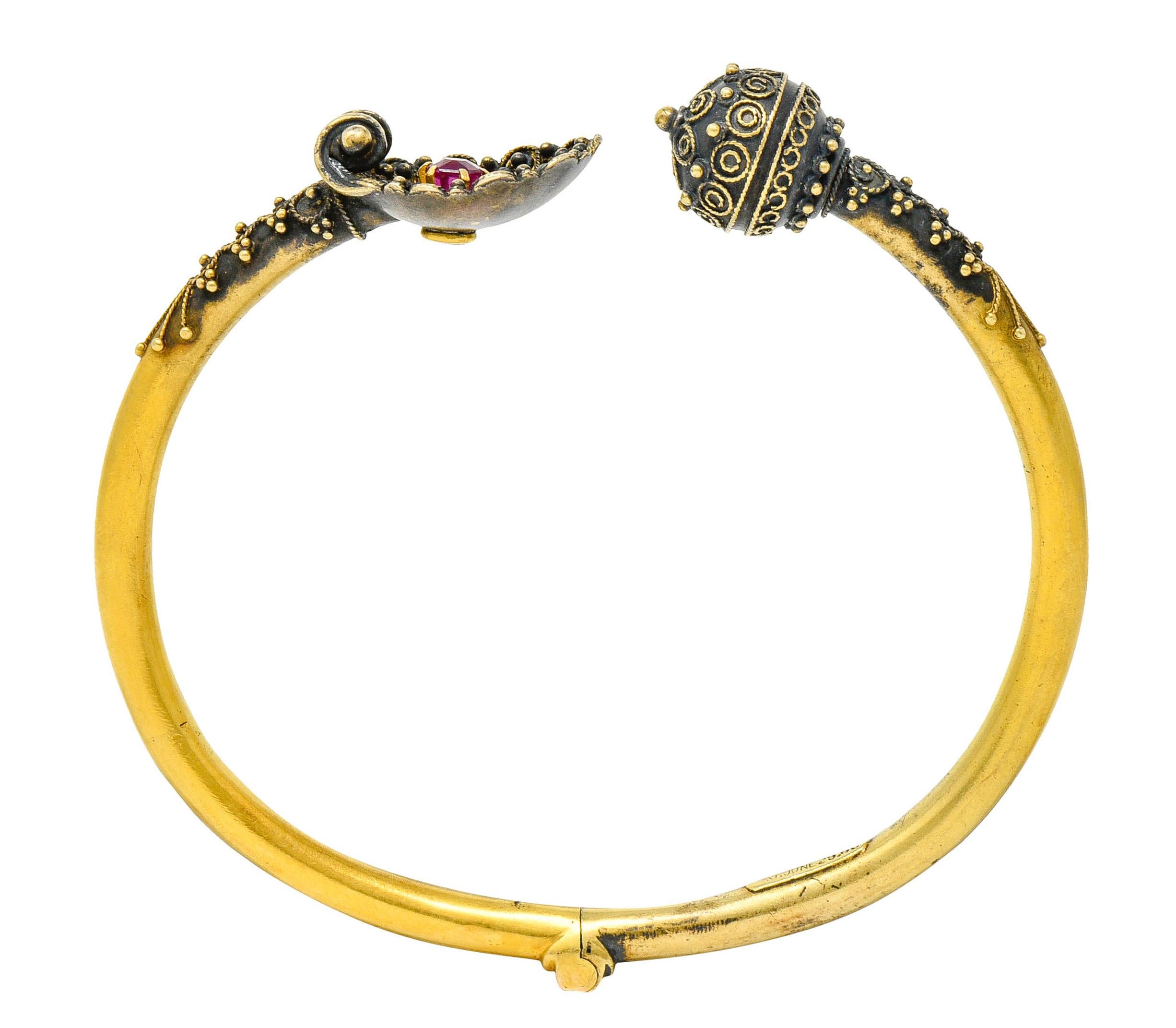 1870's Victorian Etruscan Revival Ruby 18 Karat Gold Cuff Bracelet 2