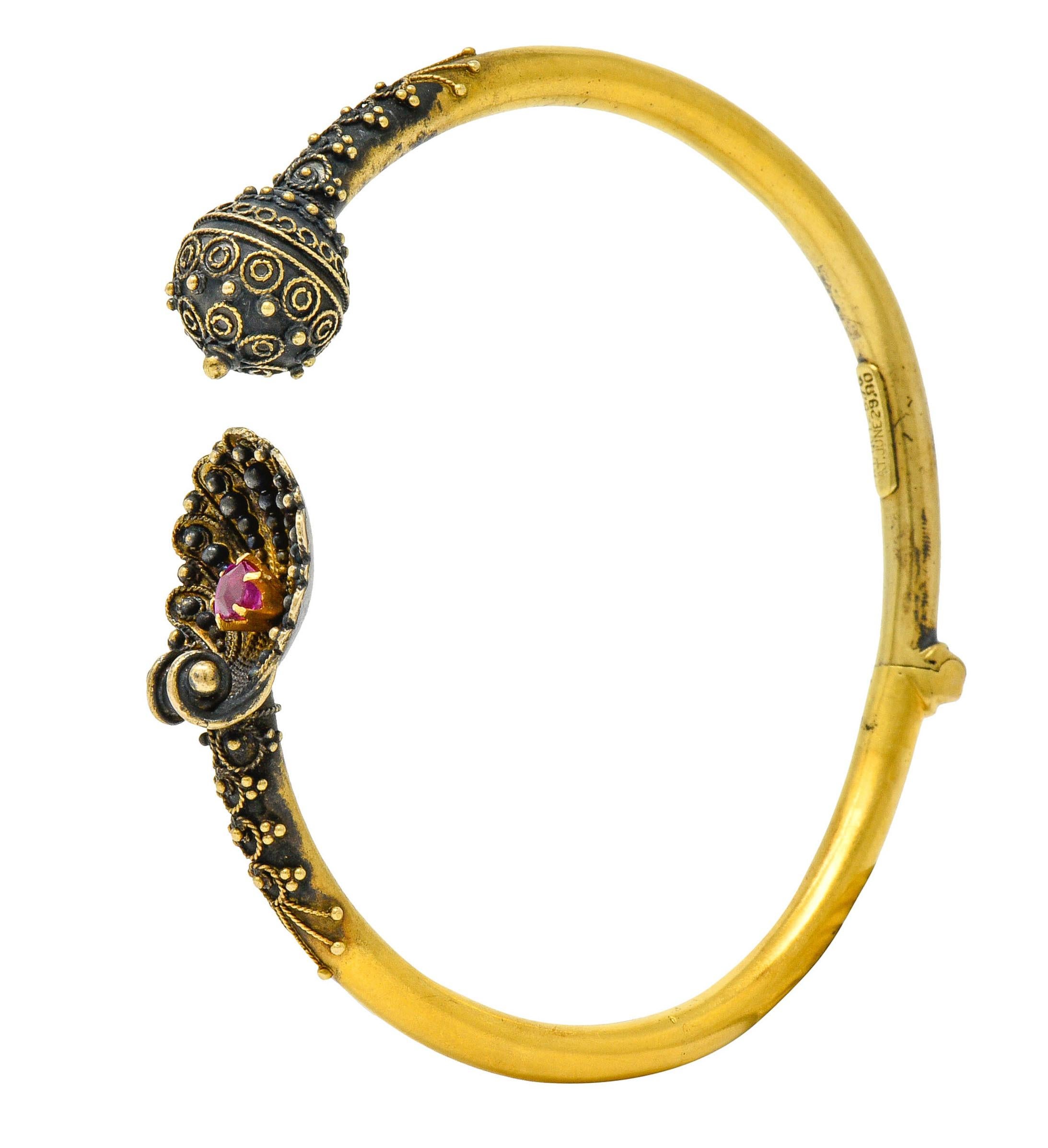 1870's Victorian Etruscan Revival Ruby 18 Karat Gold Cuff Bracelet 3