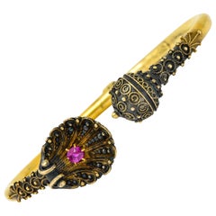 1870's Victorian Etruscan Revival Ruby 18 Karat Gold Cuff Bracelet
