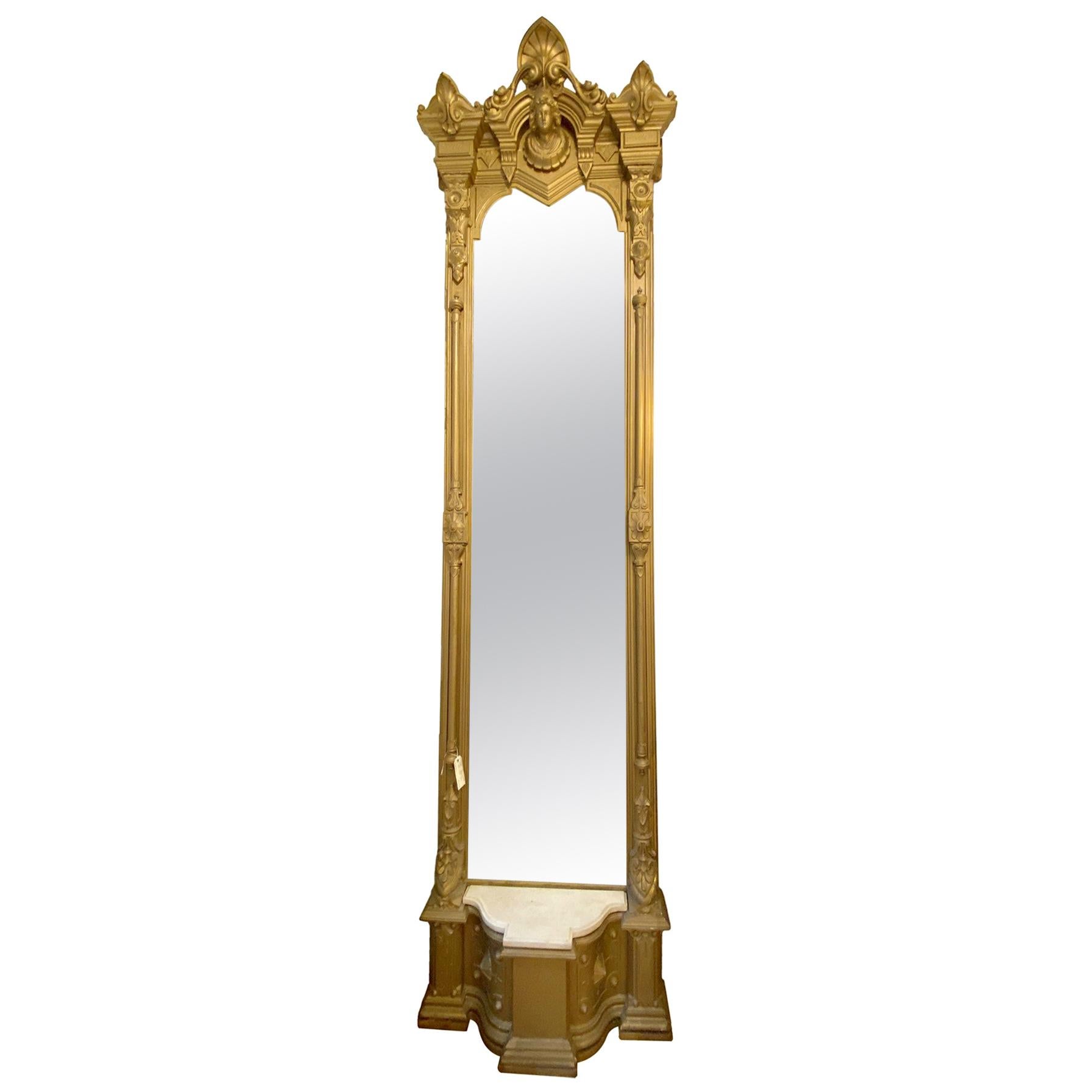 1870s Victorian Gold Pier Mirror Brooklyn Brownstone Marble Shelf For Sale