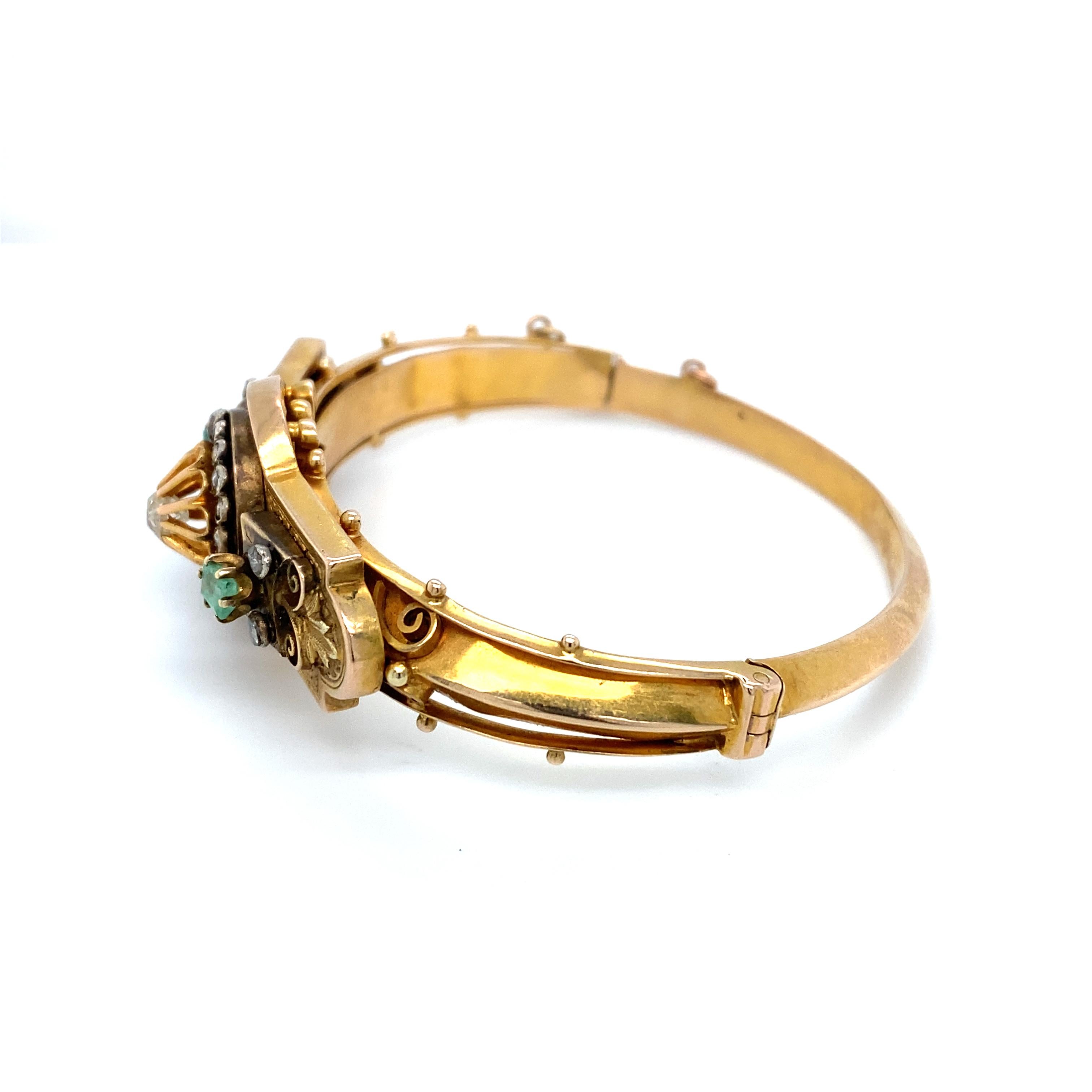 Women's or Men's 1870s Victorian Hinged Bracelet with Diamonds and Emeralds in 15 Karat Gold For Sale