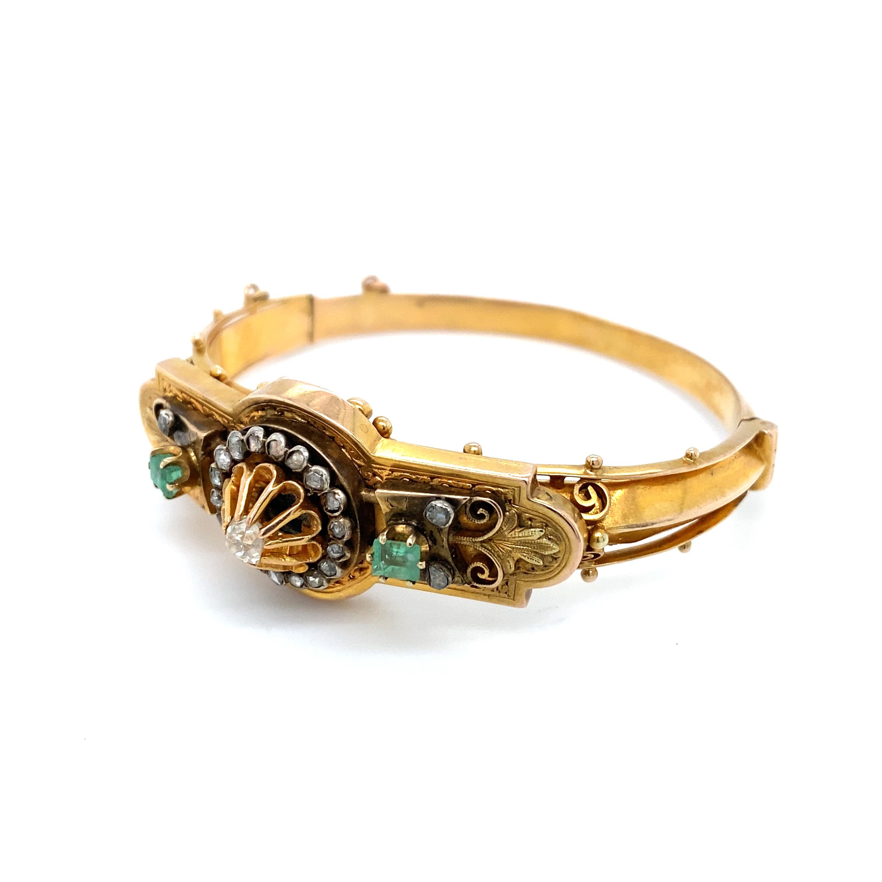 1870s Victorian Hinged Bracelet with Diamonds and Emeralds in 15 Karat Gold For Sale 1