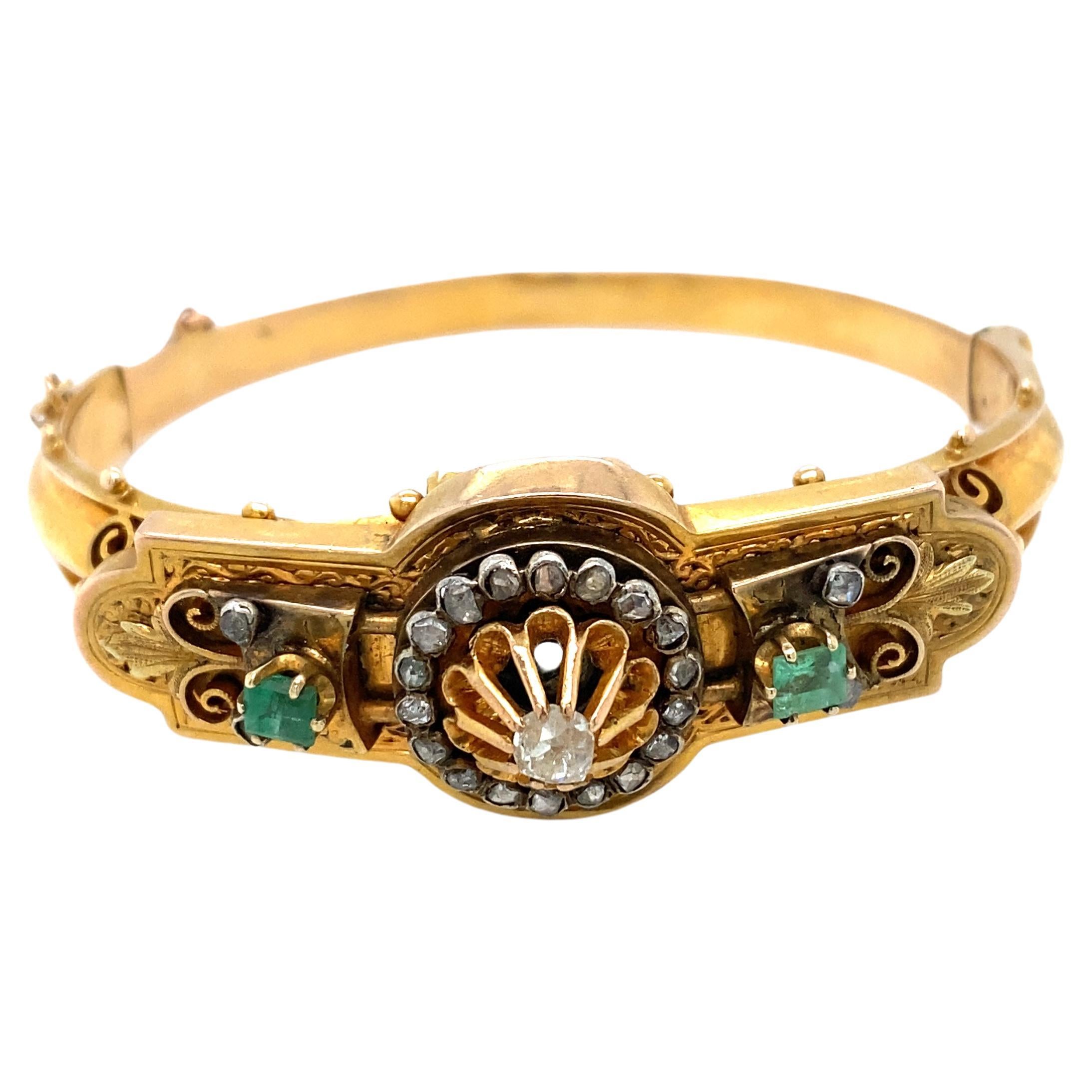 1870s Victorian Hinged Bracelet with Diamonds and Emeralds in 15 Karat Gold For Sale