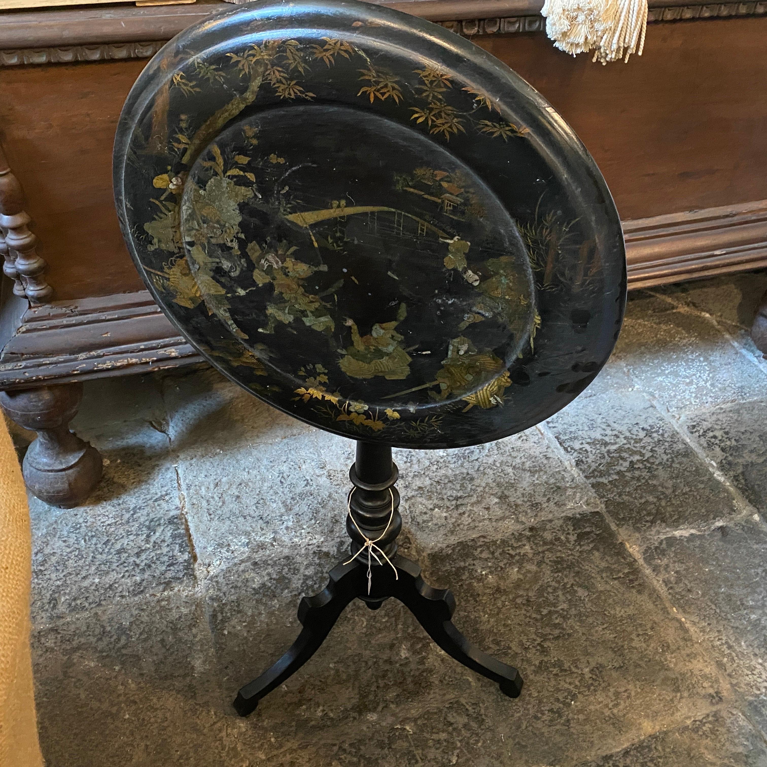 1870s Victorian Orientalist Papier Maché English Tilt Top Side Table 3