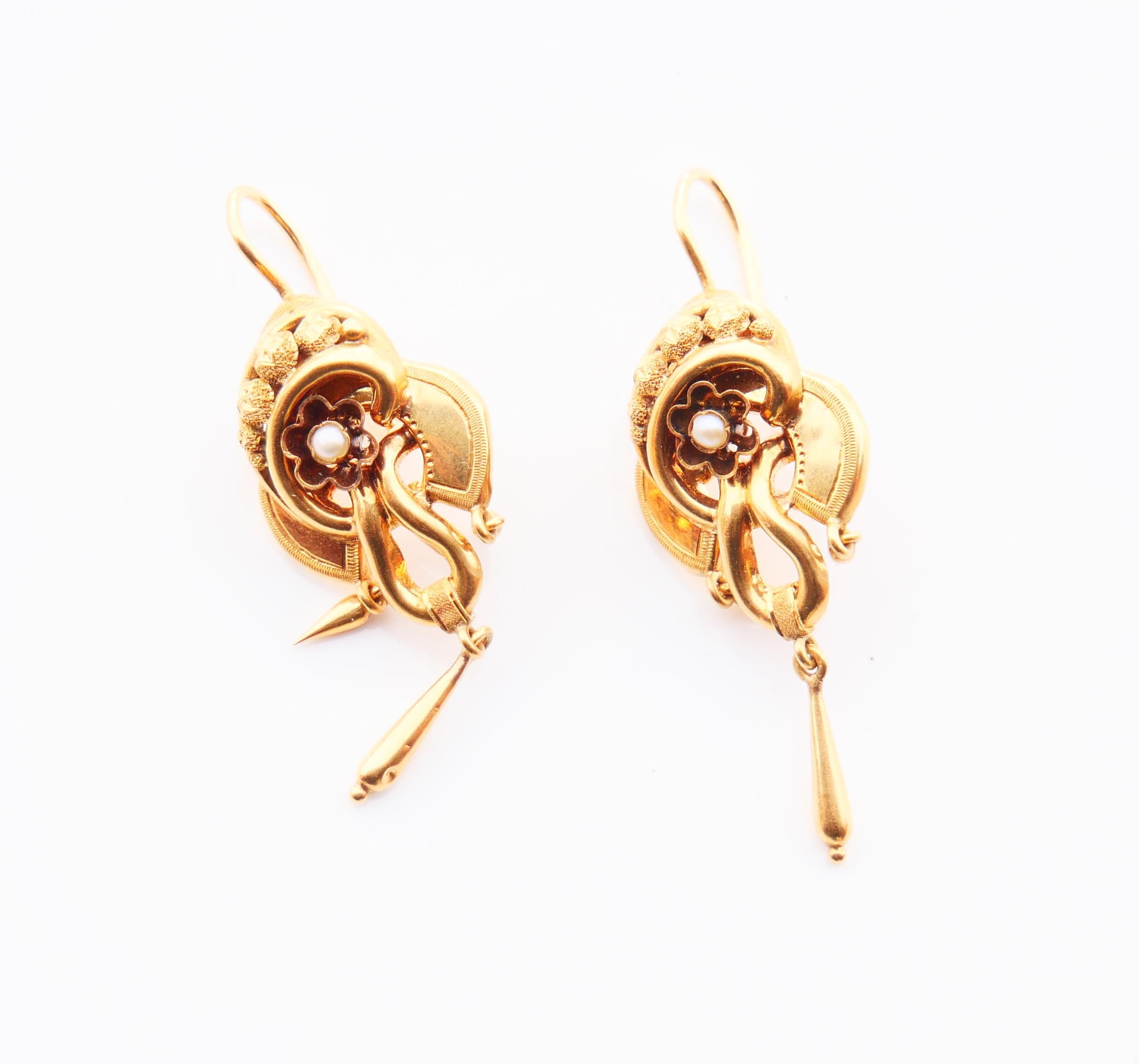 Empire 1871 Antique European Earrings solid 18K Gold Seed Pearls / 4.7gr For Sale