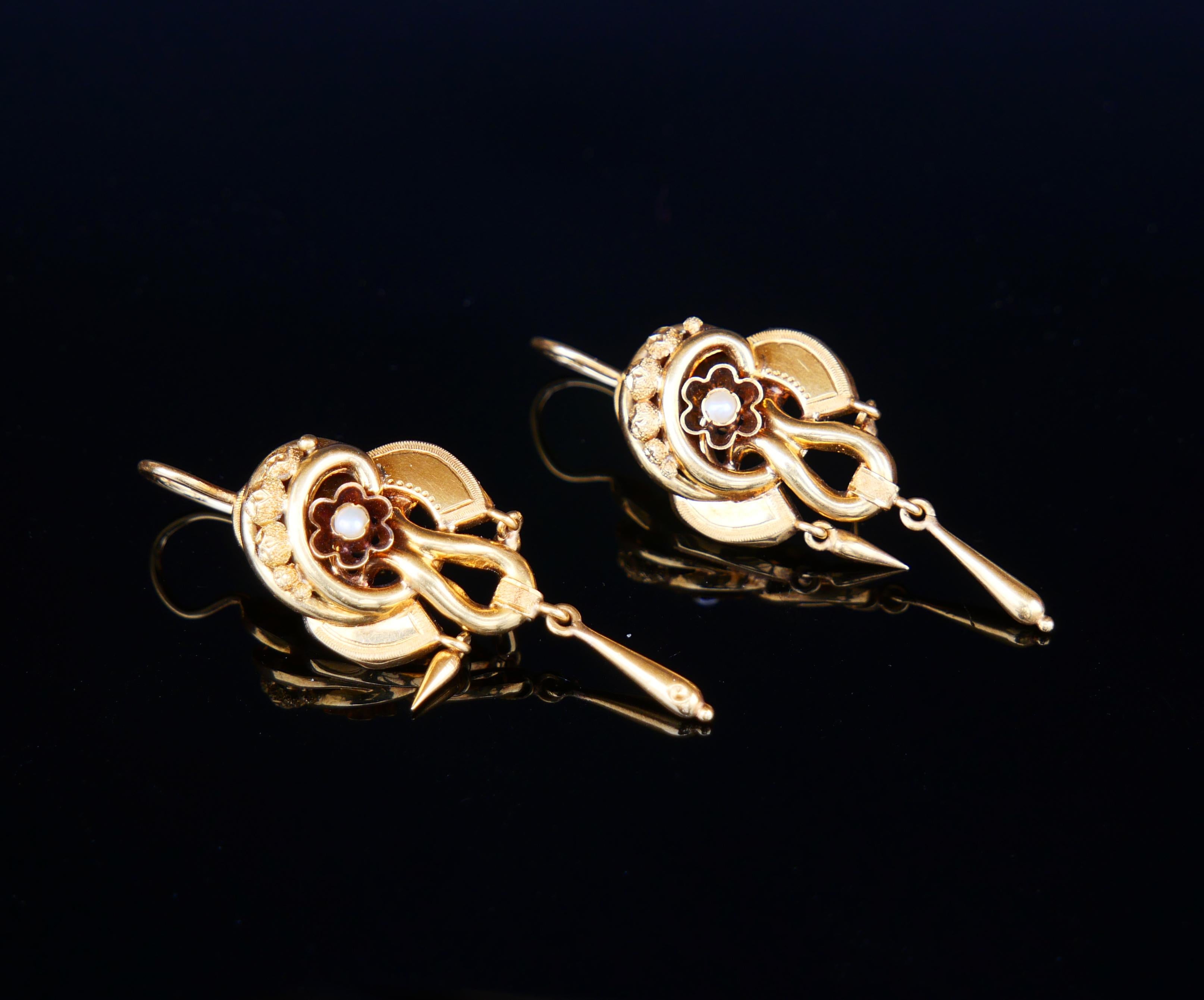 Women's 1871 Antique European Earrings solid 18K Gold Seed Pearls / 4.7gr For Sale
