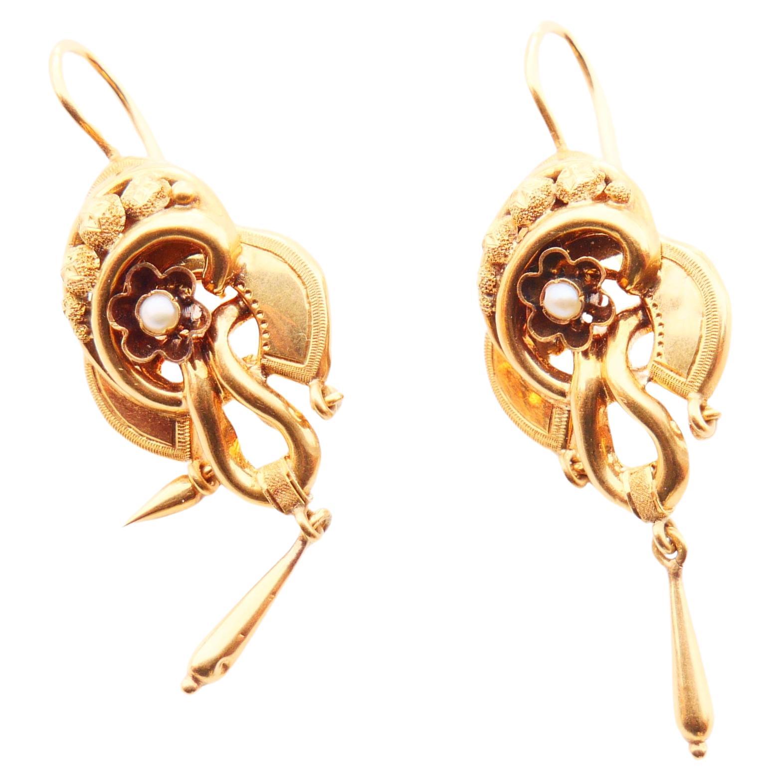 1871 Boucles d'oreilles européennes antiques or massif 18K Perles de rocaille / 4.7gr en vente