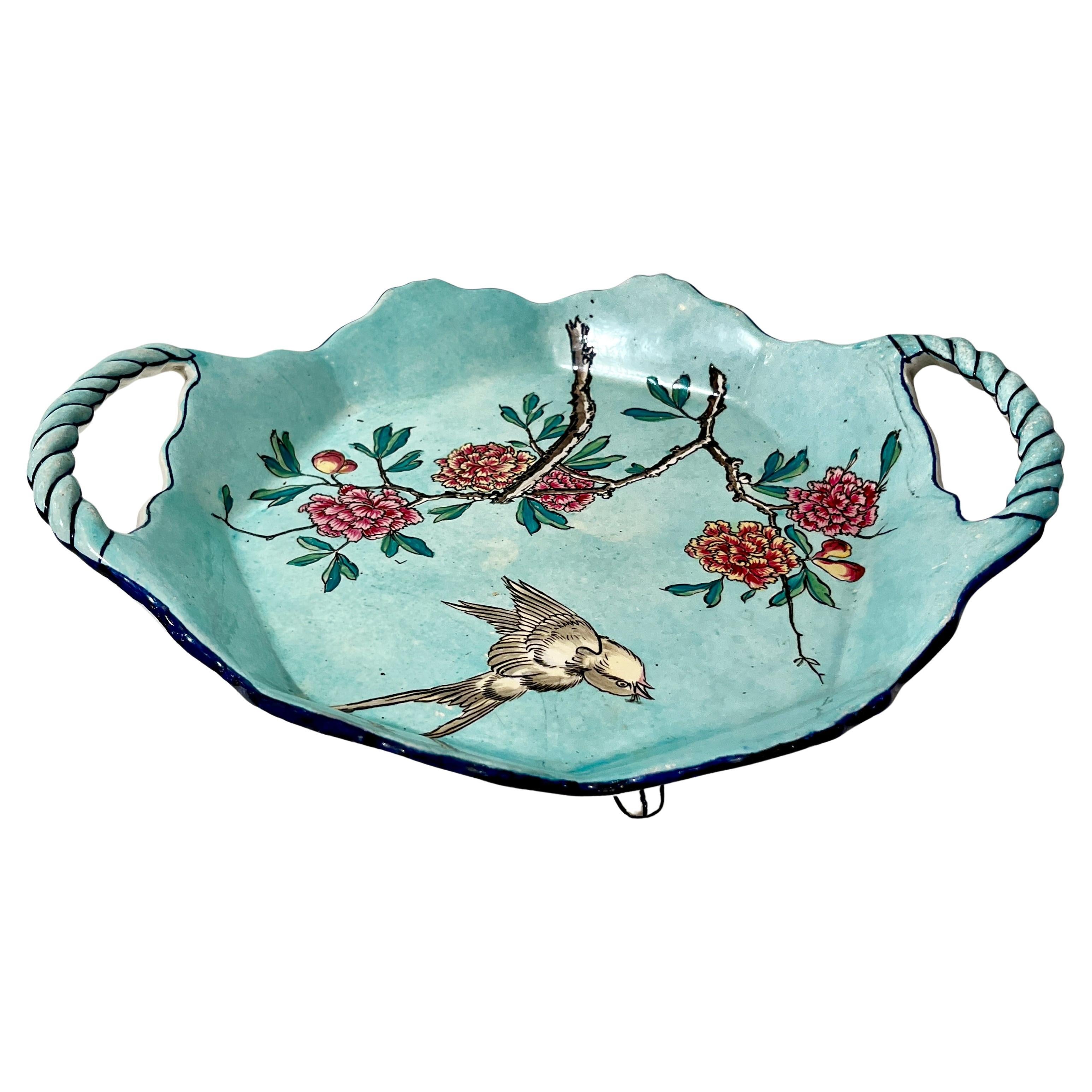 1871 Gien Antique French Asian Japanese Style Flower Decor Centerpiece Plate in vendita