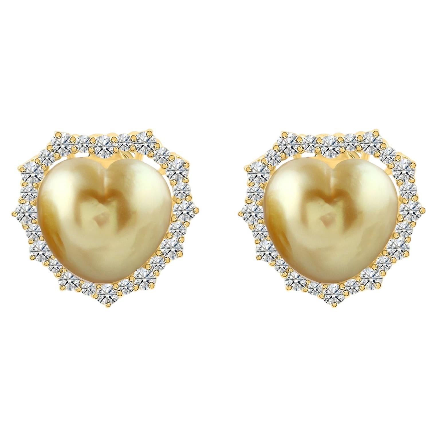 18.71 TCW Heart Shape Pearl Diamond Halo Stud Earrings 14 Karat Yellow Gold For Sale
