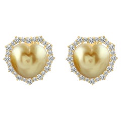 18.71 TCW Heart Shape Pearl Diamond Halo Stud Earrings 18 Karat Yellow Gold