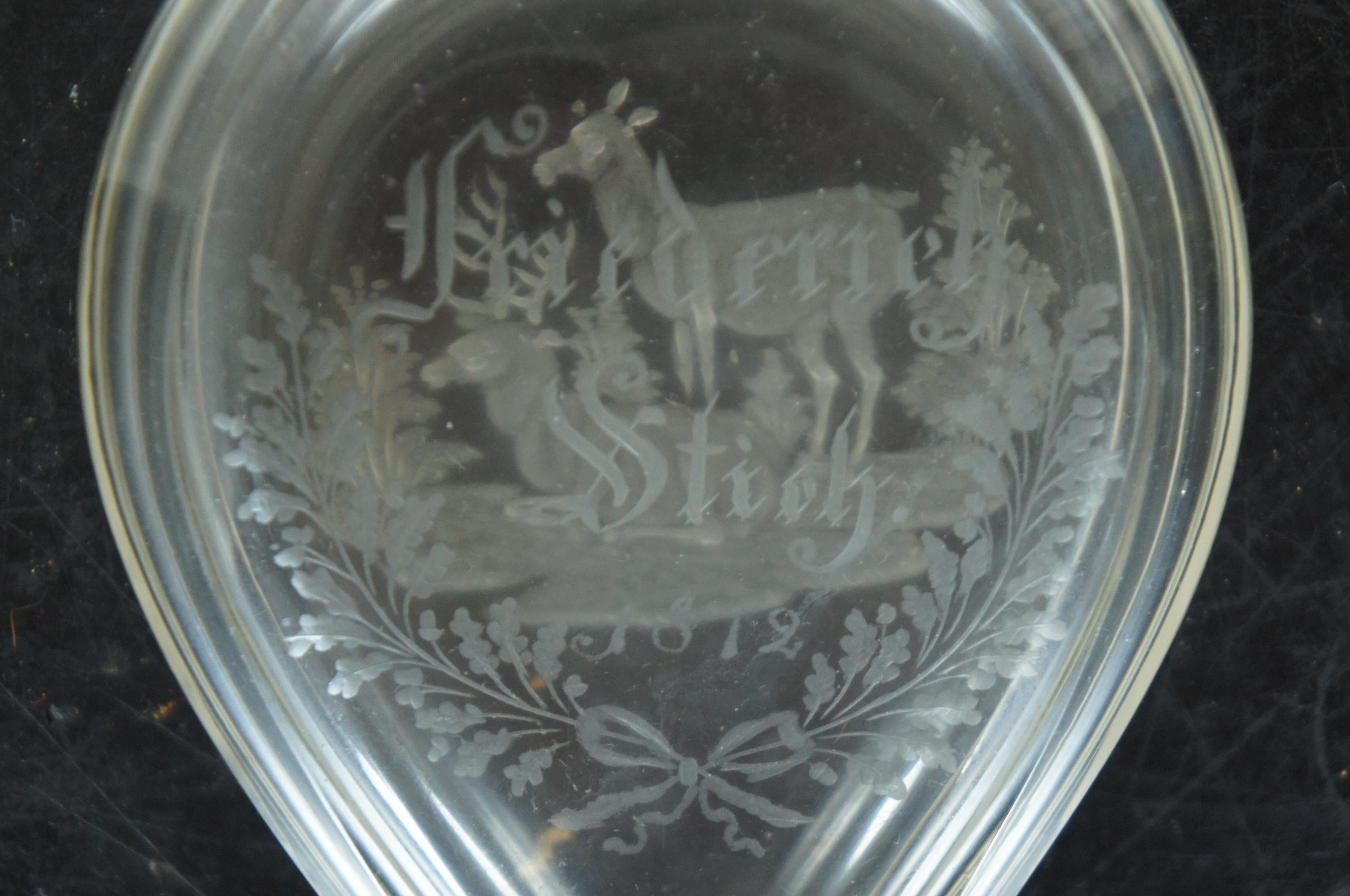 1872 Antique German Etched Glass Perfume Bottle Decanter Bud Vase Stag Deer 2