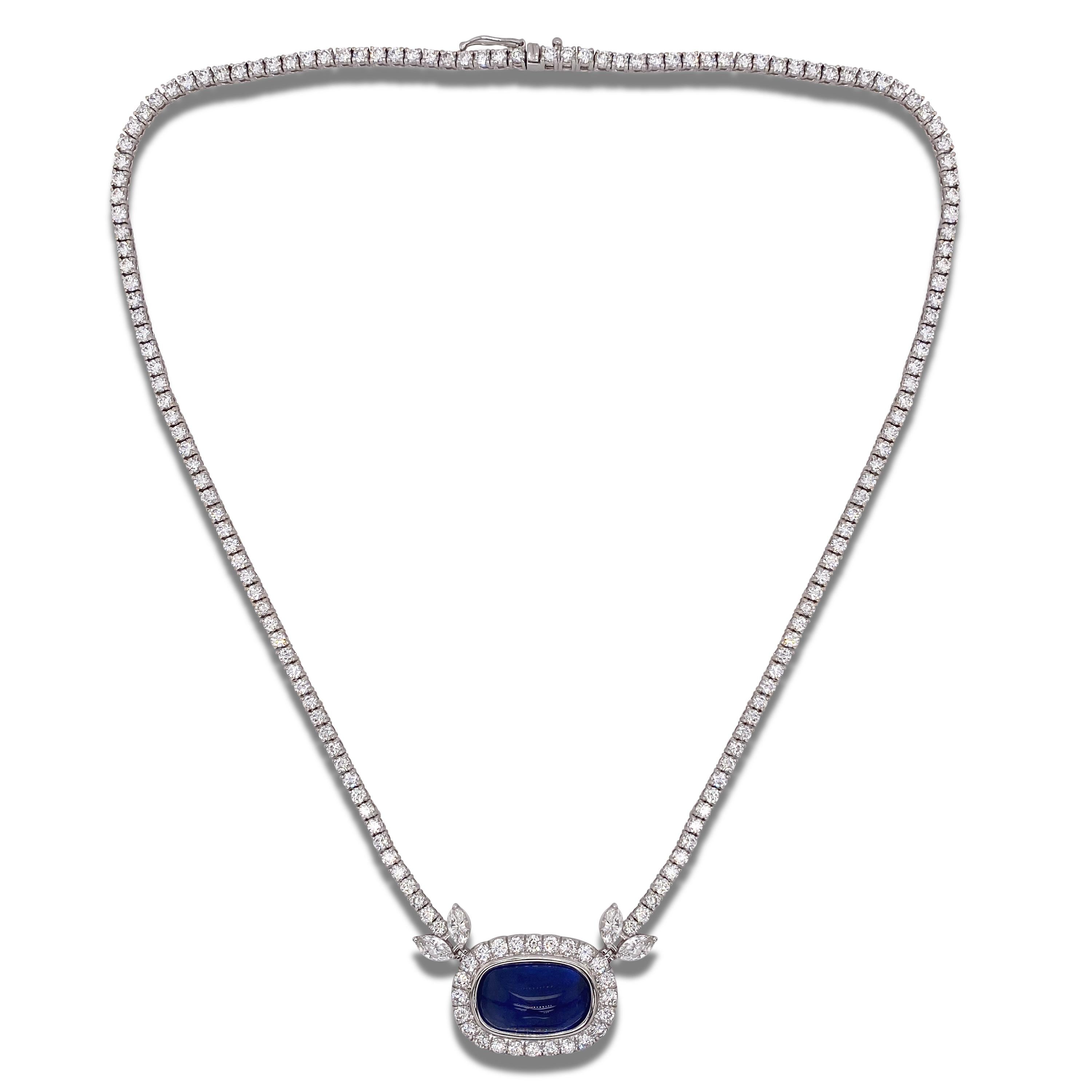18.72 Carat Burma No Heat Cabochon Blue Sapphire 18K White Gold Diamond Necklace

This necklace is certified by Gubelin and features a round and marquise, brilliant cut diamond pendant necklace with a cabochon, burma, no heat blue sapphire