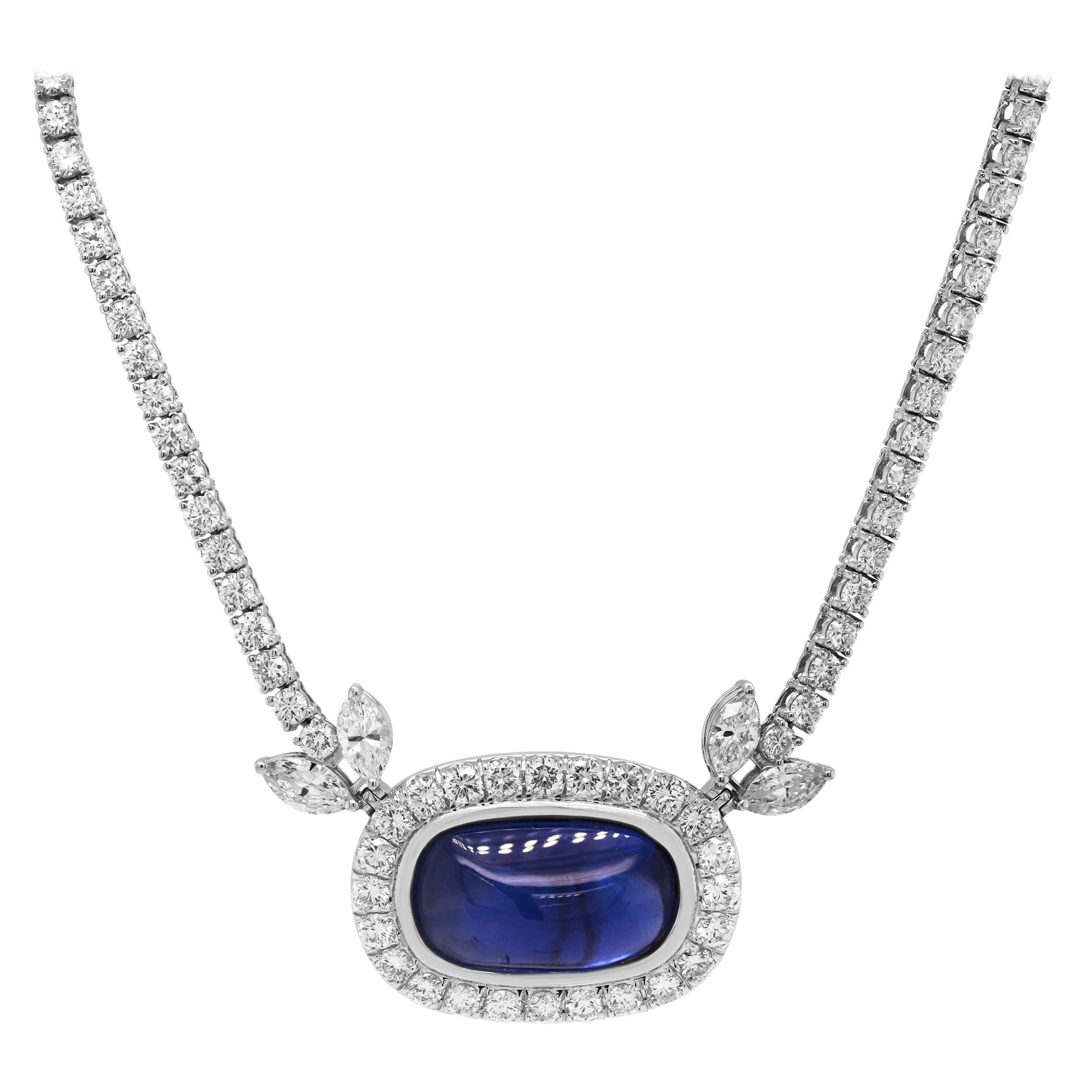 18.72 Carat Burma No Heat Cabochon Blue Sapphire 18k White Gold Diamond Necklace For Sale