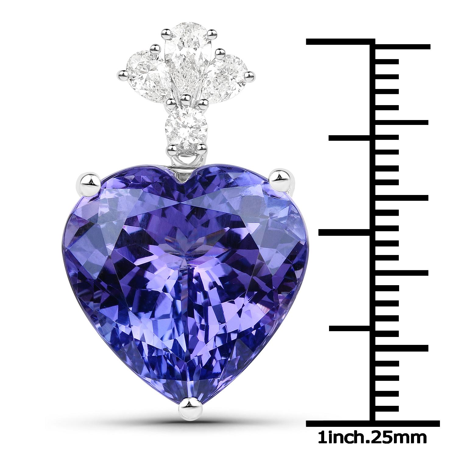 18.72 Carat Heart-shaped Tanzanite and 0.58 Carats White Diamond 18 Karat White Gold Pendant

Center Stone Details:
Stone: Tanzanite
Shape: Heart Shape
Size: 17.00mm
Weight: 18.72 carat

Diamond Details:
Shape: Pears Brilliant (3)
Carat Weight: 0.46