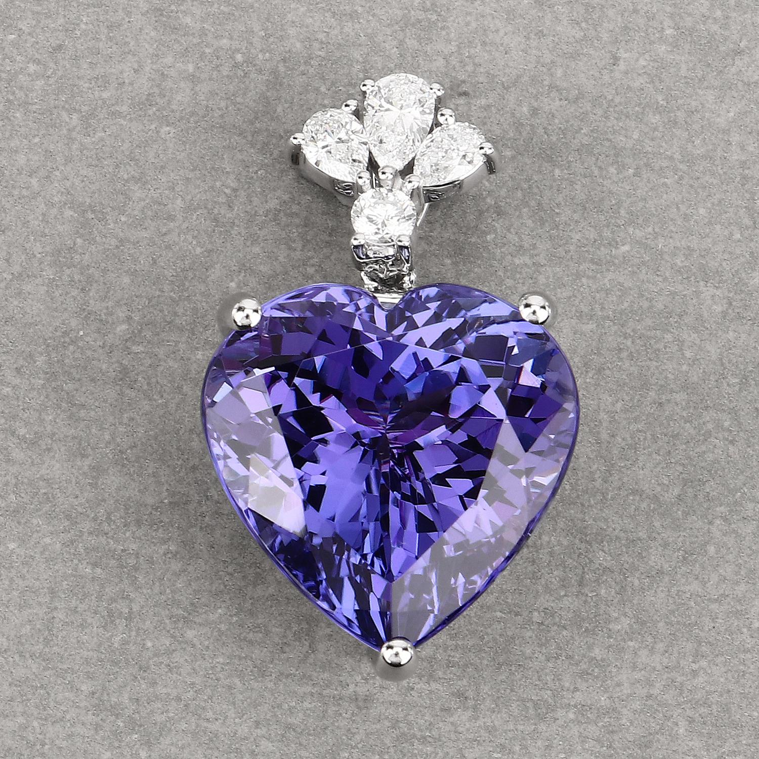 Contemporary 18.72 Carat Genuine Tanzanite and White Diamond 18 Karat White Gold Pendant For Sale