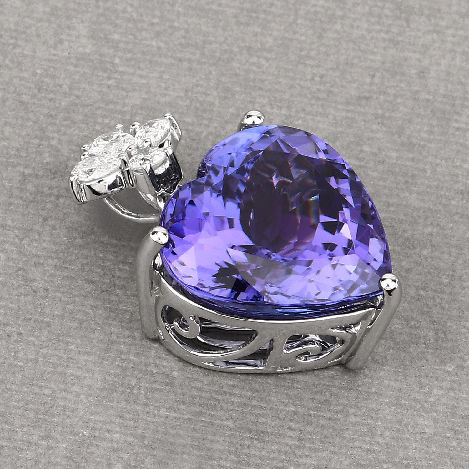Heart Cut 18.72 Carat Genuine Tanzanite and White Diamond 18 Karat White Gold Pendant For Sale