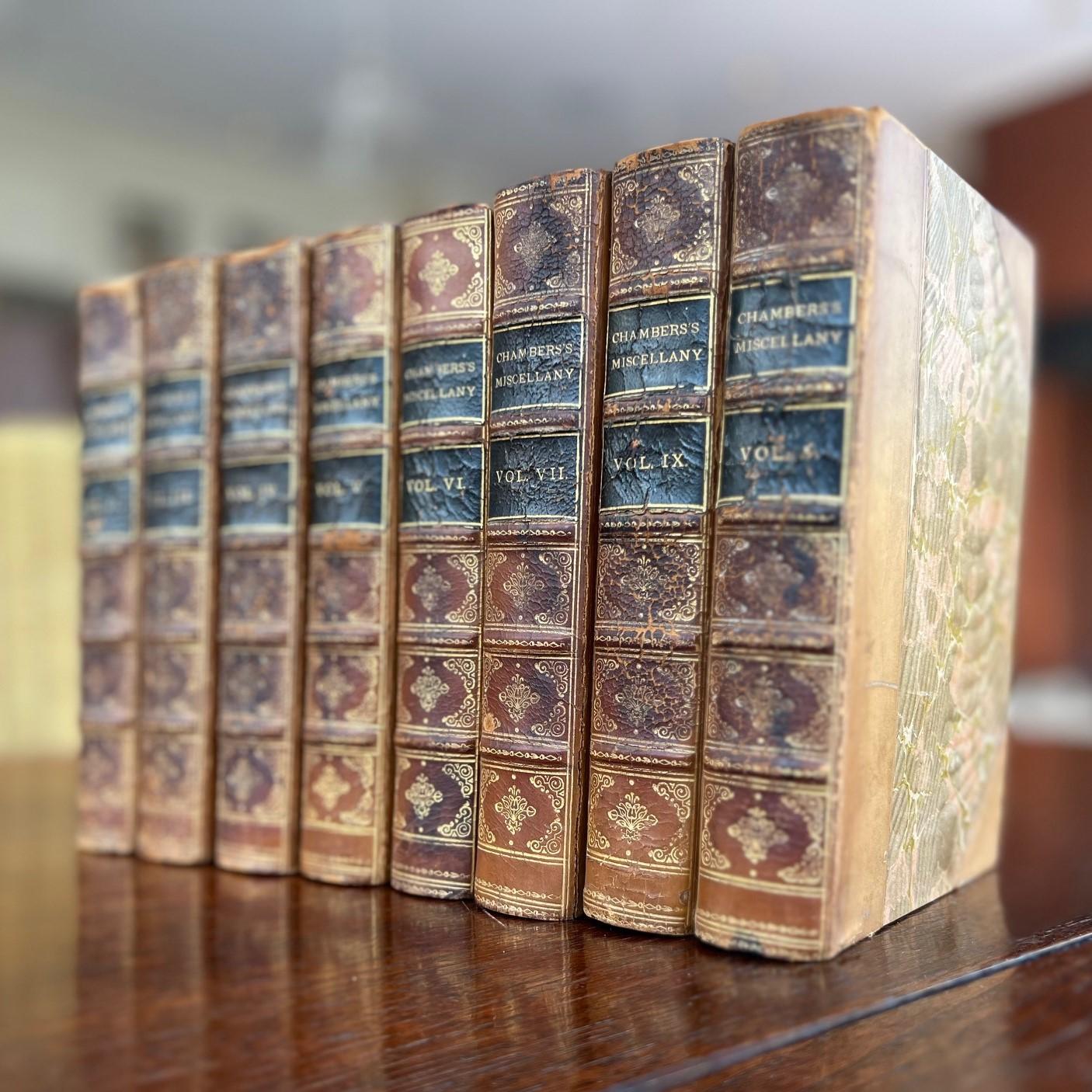 8 of 10 volumes (2-7 and 9-10) Chambers's Miscellany of Instructive & Entertaining Tracts New and Revised Edition, printed 1872 by W. & R. Chambers, Edinburgh. Uniformly bound in half calf with marbled boards. Leather spines have blind and gilt