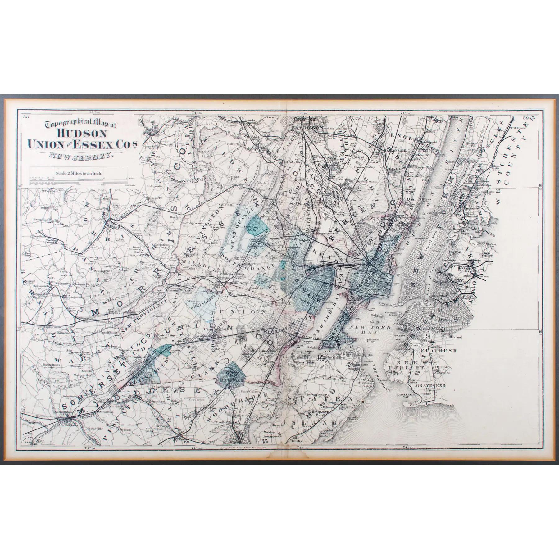 A hand-colored topographical map of New Jersey’s Hudson, Union and Essex Counties from the Atlas of New Jersey by F.W. Beers, published in 1872.  

sight 15 by 22½ inches
frame 20 by 27½ inches

