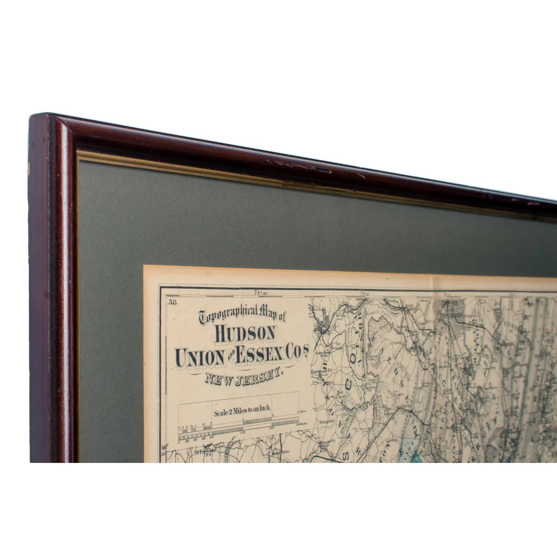 American 1872 Map of Hudson, Union and Essex Counties, New Jersey For Sale