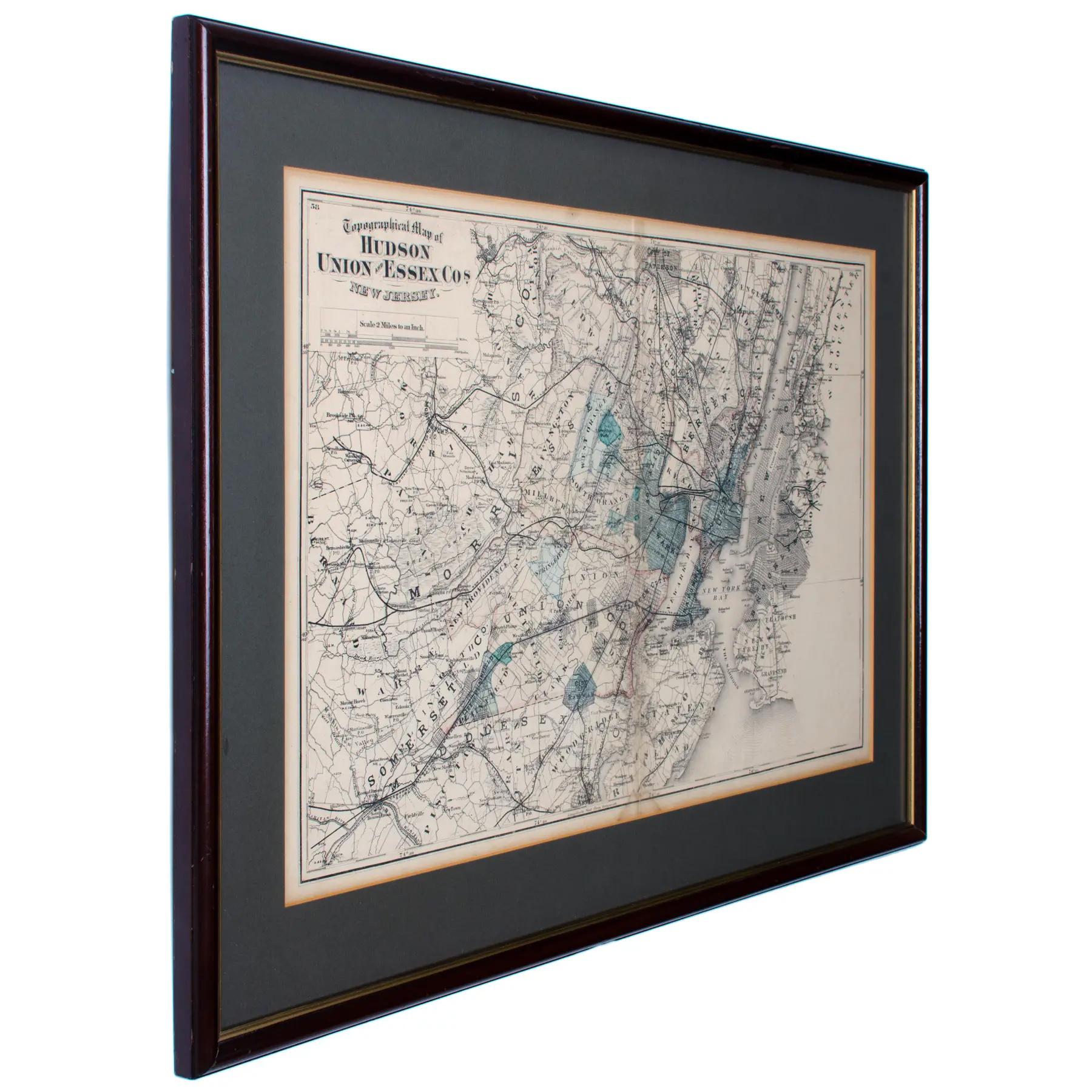 1872 Map of Hudson, Union and Essex Counties, New Jersey In Good Condition For Sale In Savannah, GA