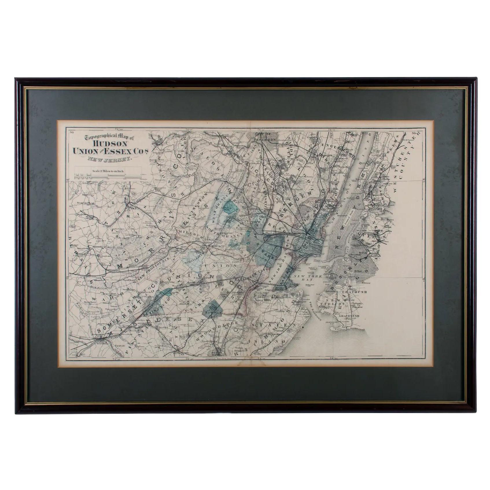 1872 Map of Hudson, Union and Essex Counties, New Jersey For Sale