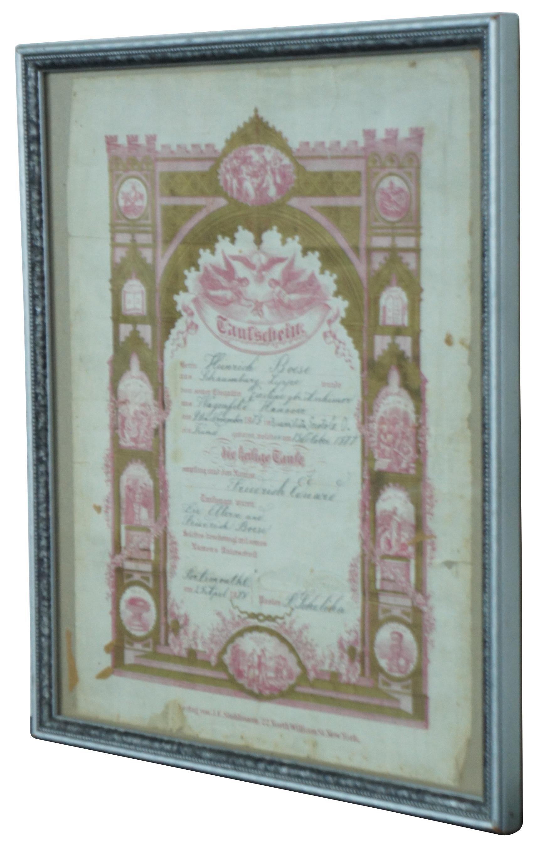 Antique 1873-1877 Taufschein or German baptismal certificate, printed in pink/red with gold accents, published by J.E. Stohlmann of New York. Measure: 13