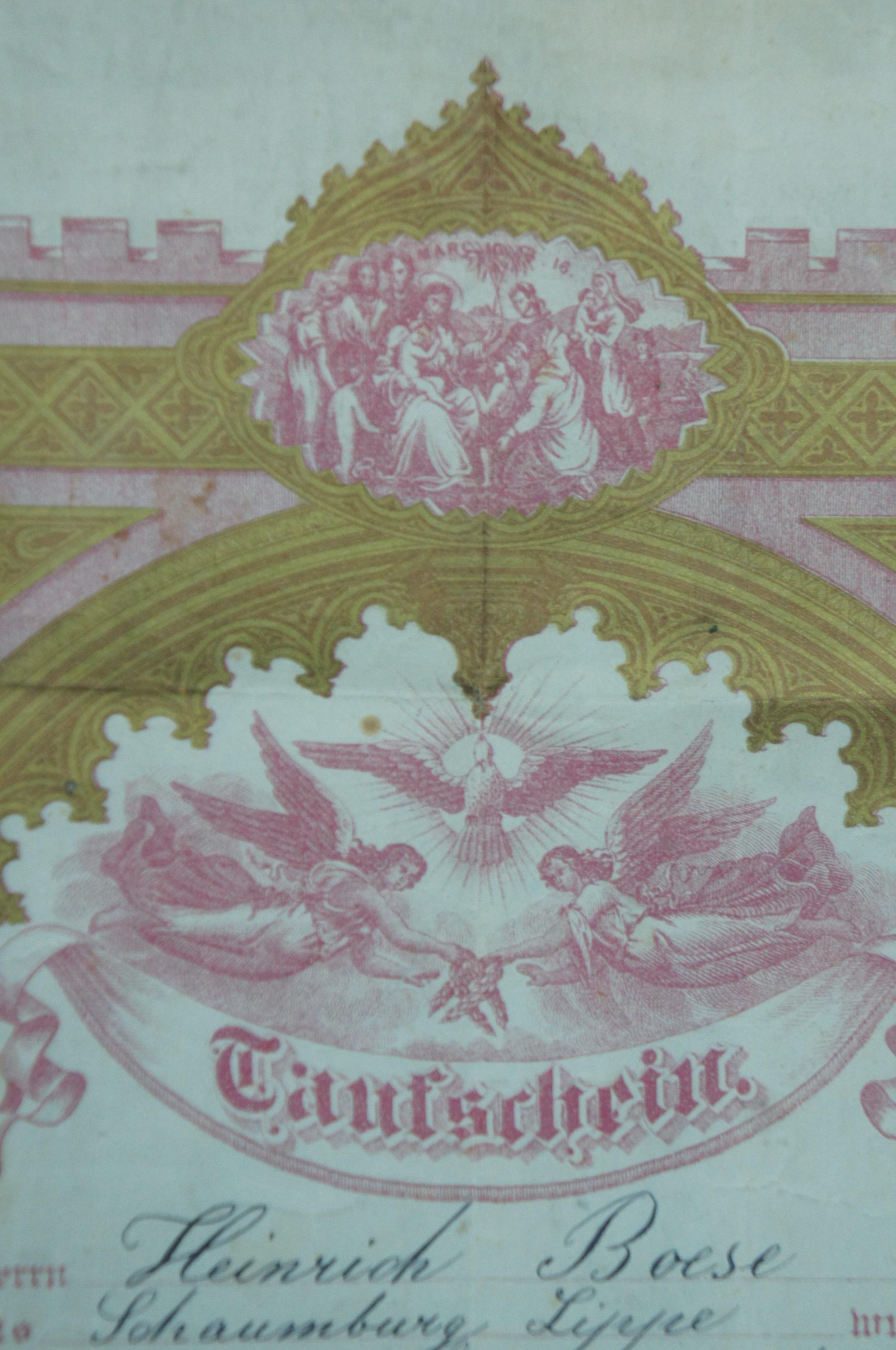 1873, Antique Framed German Taufschein Birth Baptismal Certificate Fraktur In Good Condition In Dayton, OH