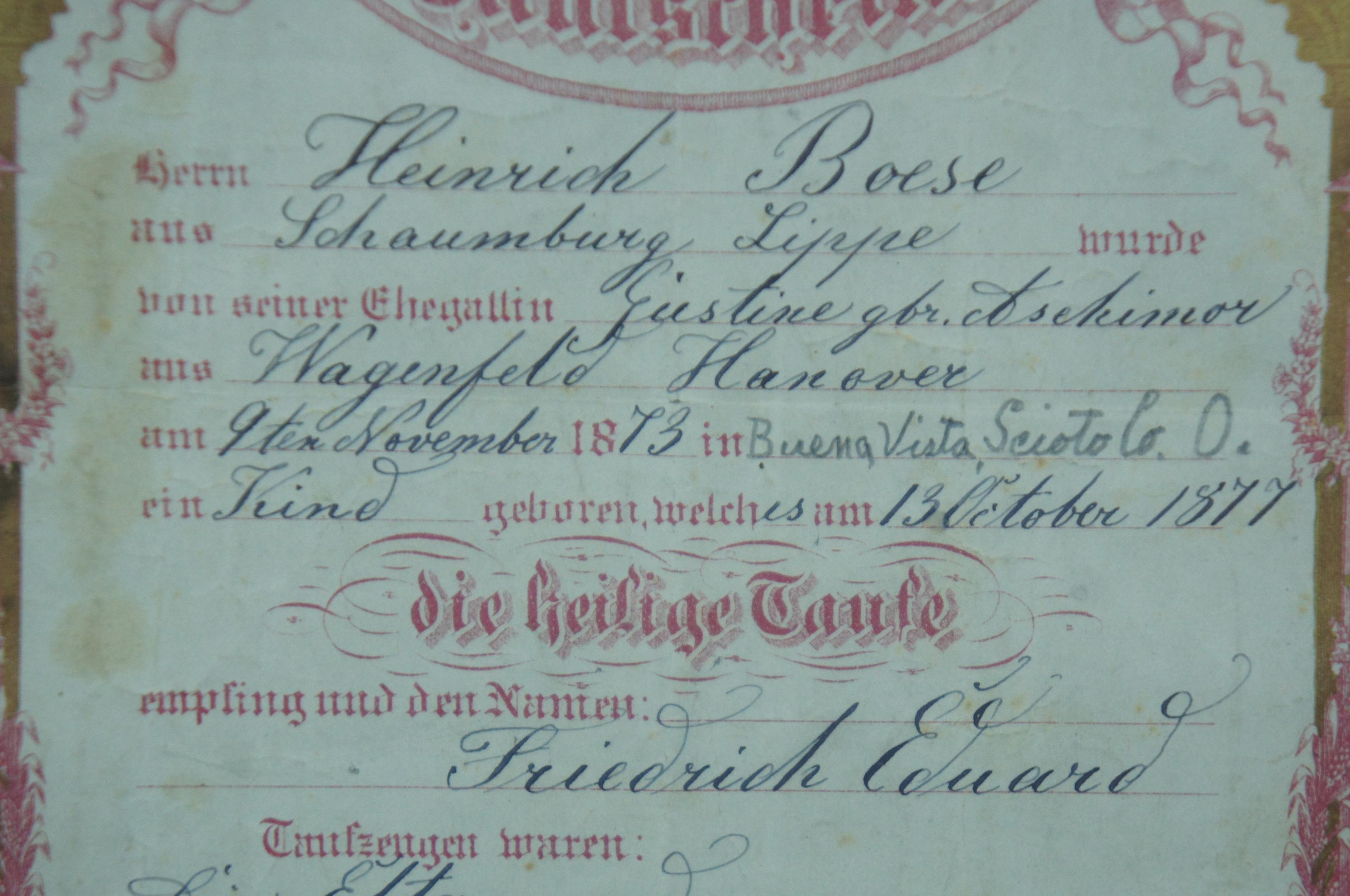 Late 19th Century 1873, Antique Framed German Taufschein Birth Baptismal Certificate Fraktur