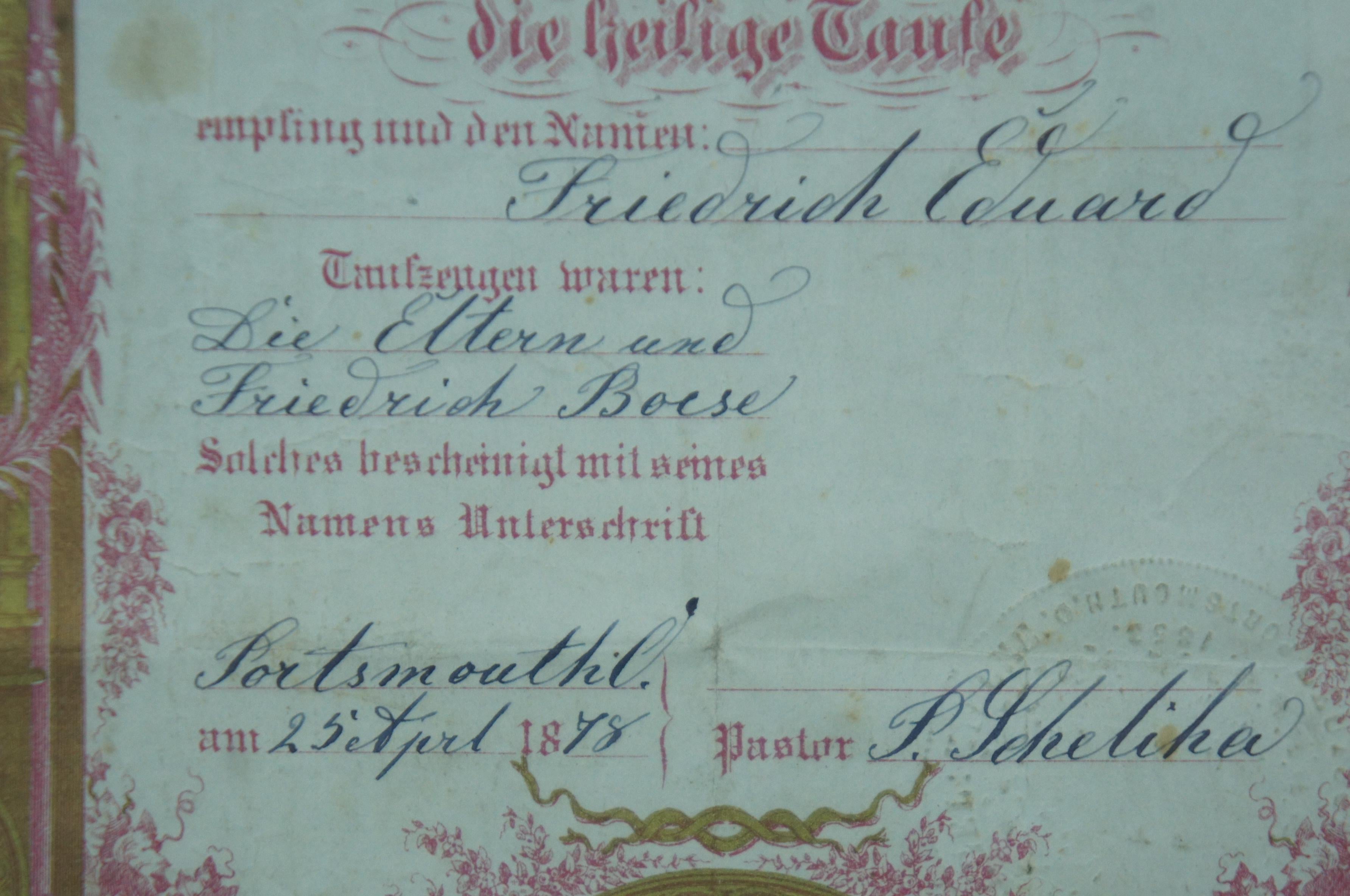 Paper 1873, Antique Framed German Taufschein Birth Baptismal Certificate Fraktur