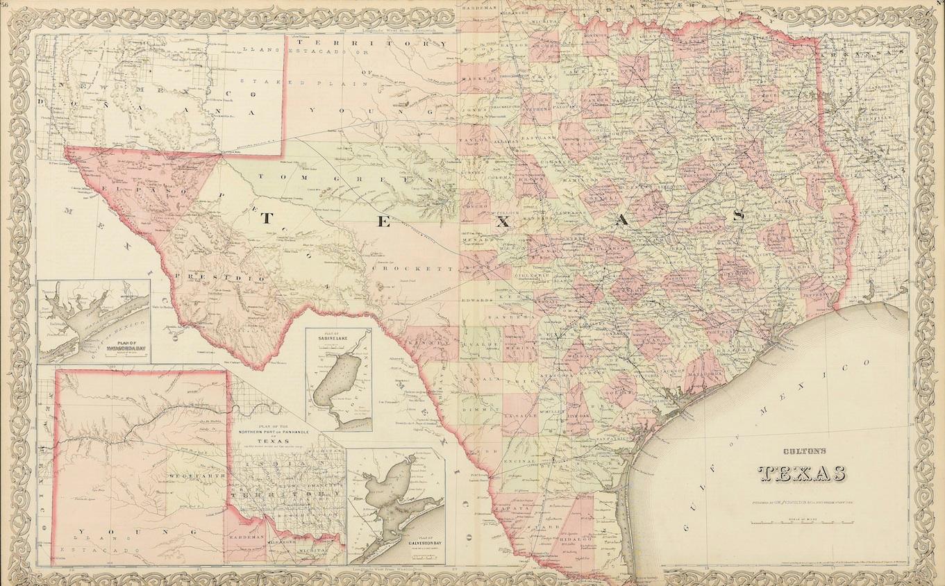 Presented is a hand-colored, detailed map of the state of Texas. It was published by G. W. and C. B. Colton & Co. out of New York in 1873.

The map includes large insets of the northern panhandle, Galveston and Matagorda Bays, and Sabine Lake. The
