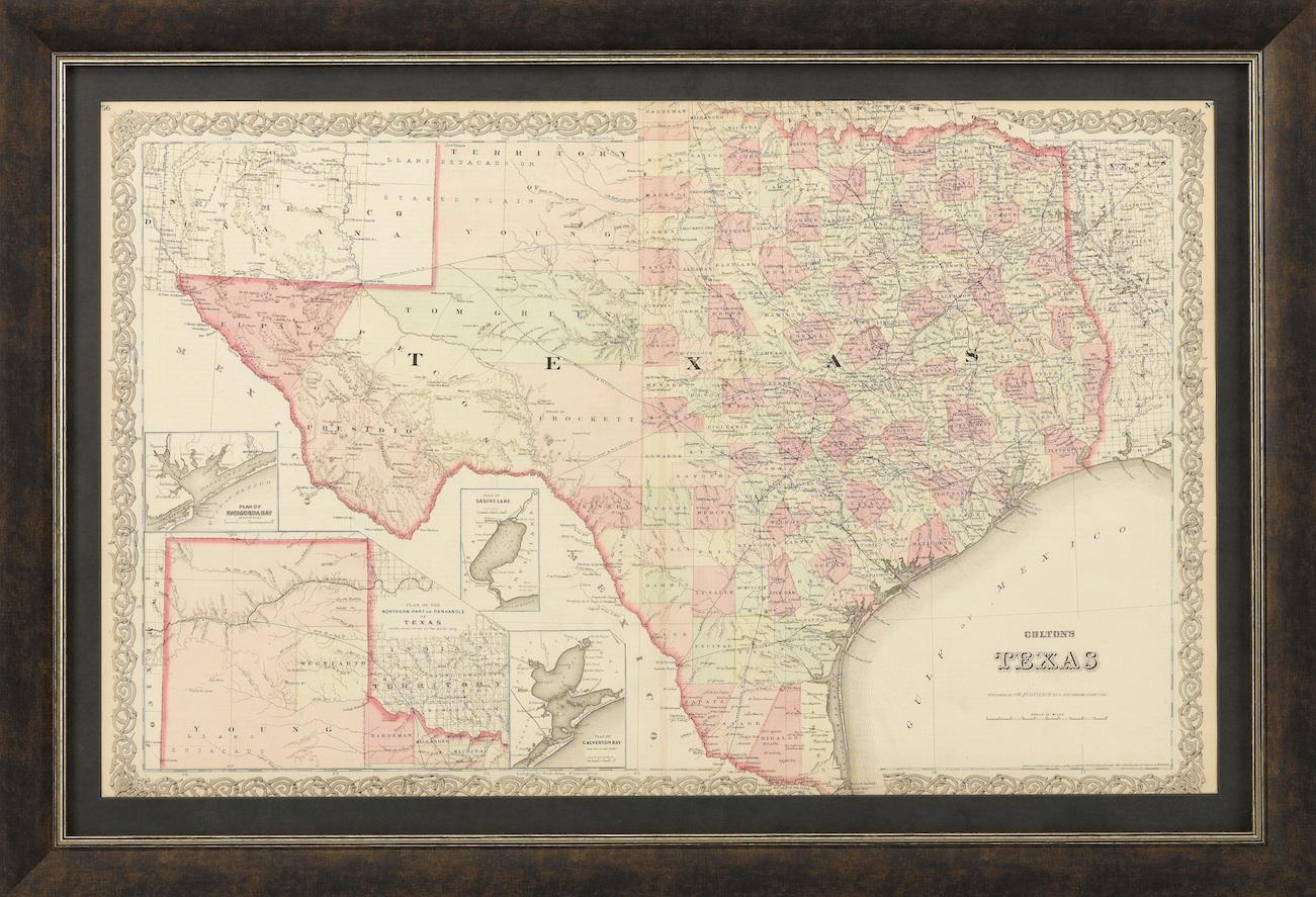 American 1873 Colton's Texas Hand-Colored Antique Map