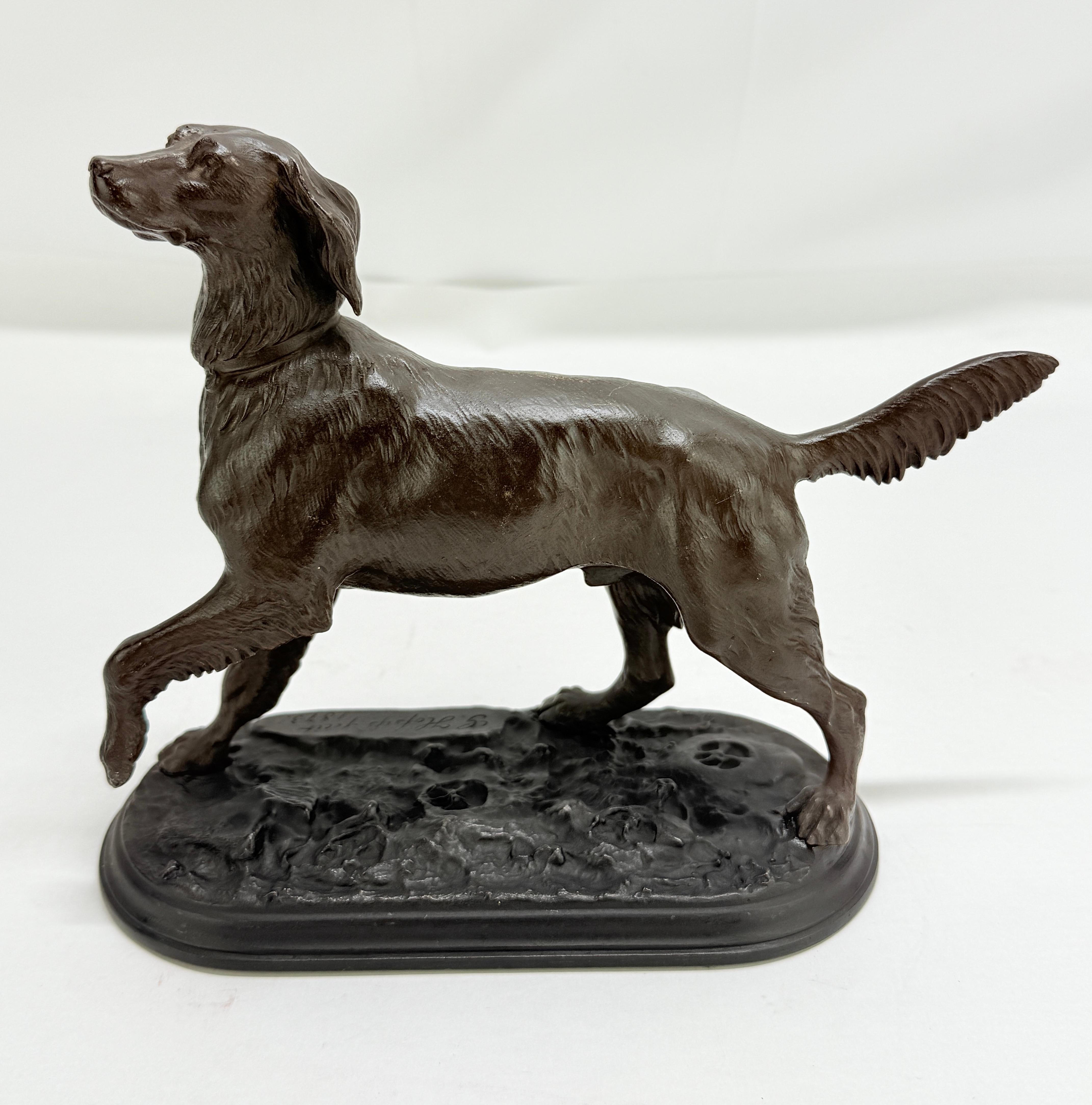 Questo bronzo finemente fuso incarna la tradizione naturalistica animalier del XIX secolo, presentando un esile puntatore a metà della sua corsa, con la zampa sollevata nel classico gesto di indicare. Il muso allungato è sottilmente sollevato, le