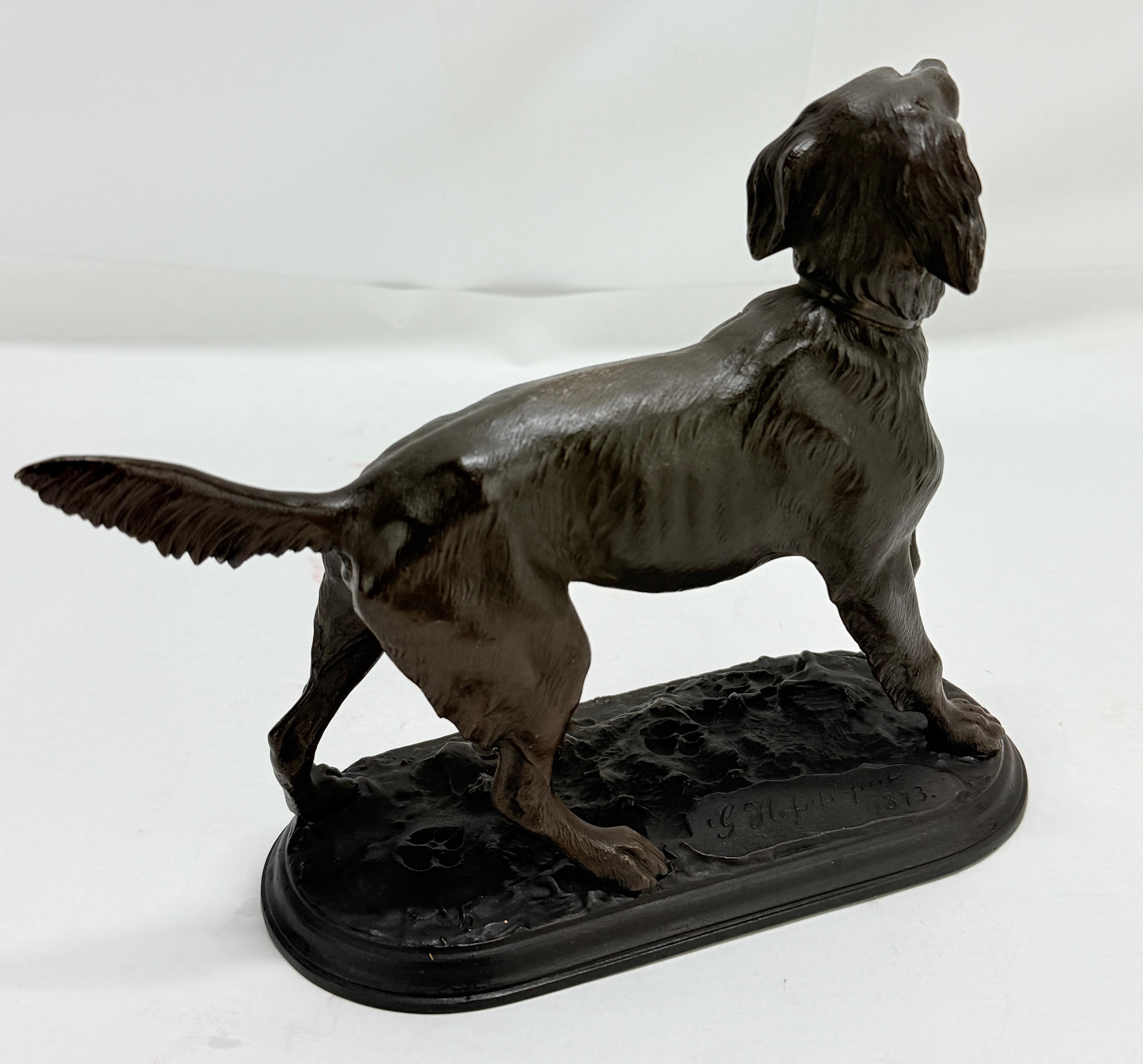 XIX secolo Scultura in bronzo di cane Pointer inglese del 1873, in posizione attenta - Firmata e datata in vendita
