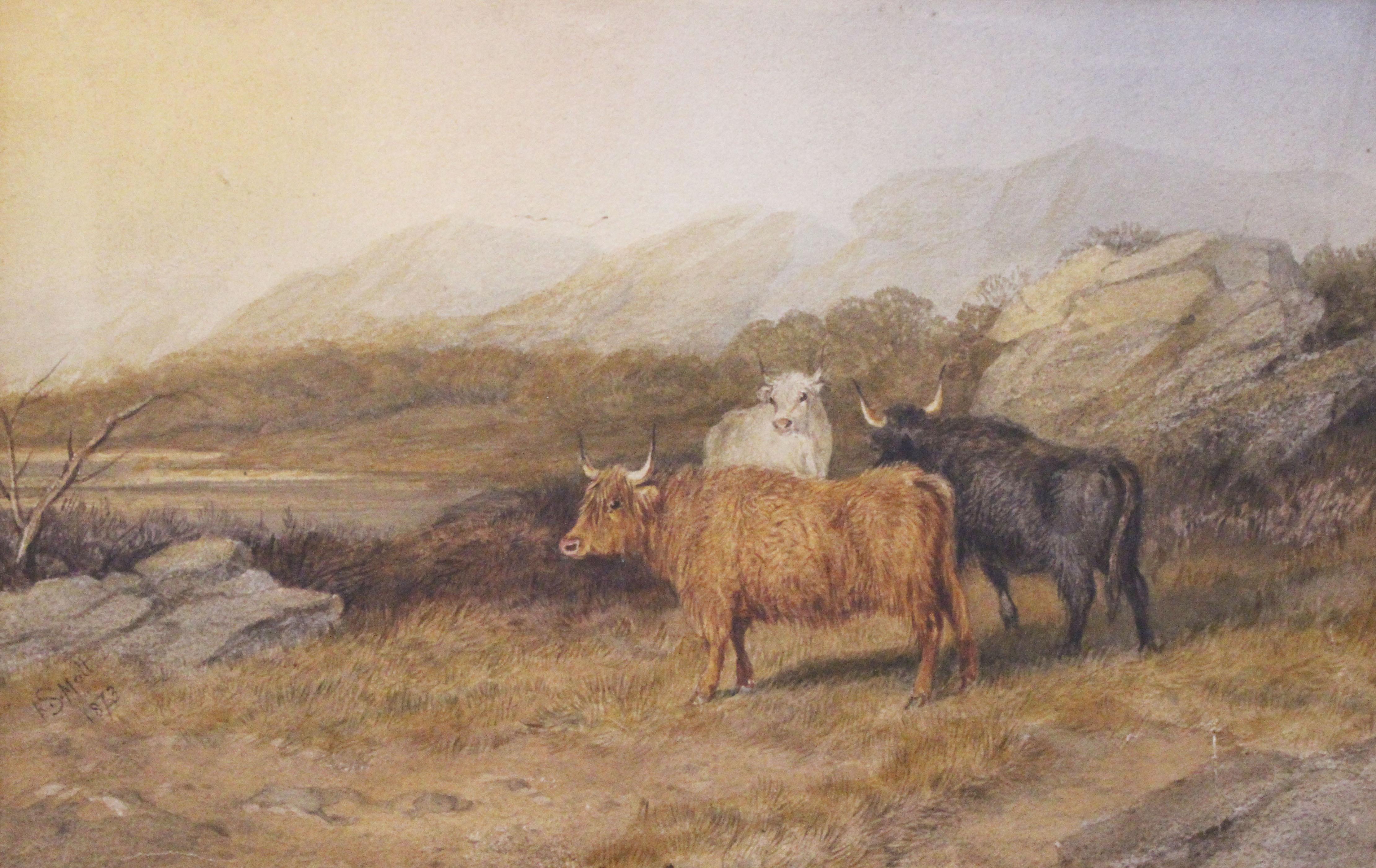 Romantic 1873 English Watercolor of Scottish Highland Cattle by R. S. Mott For Sale