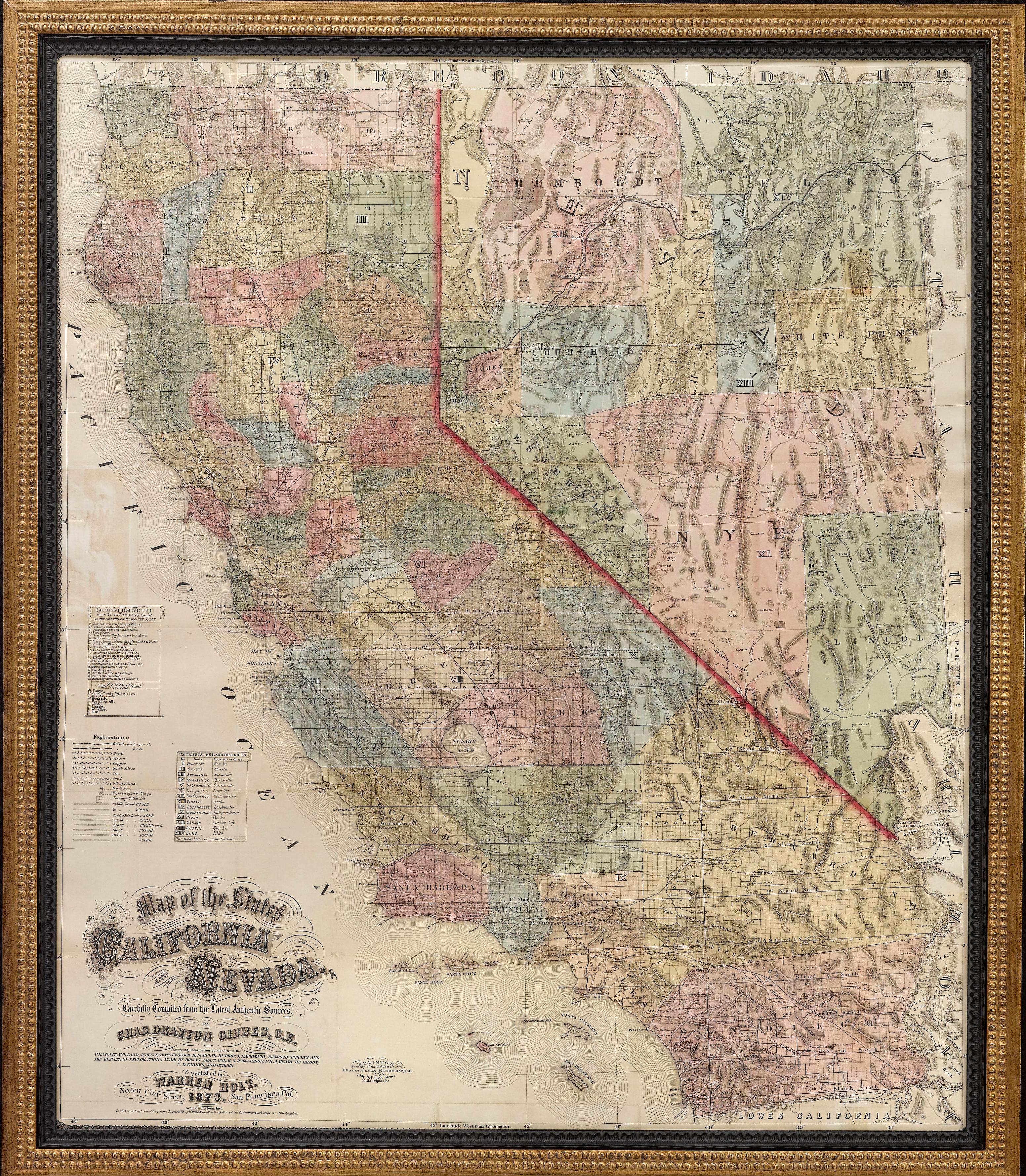Presented is Warren Holt and Charles Drayton Gibbes' 1873 “Map of California and Nevada.” This map is considered to be one of the finest large-scale maps of California to appear in the second half of the 19th century. Depicting all of California and