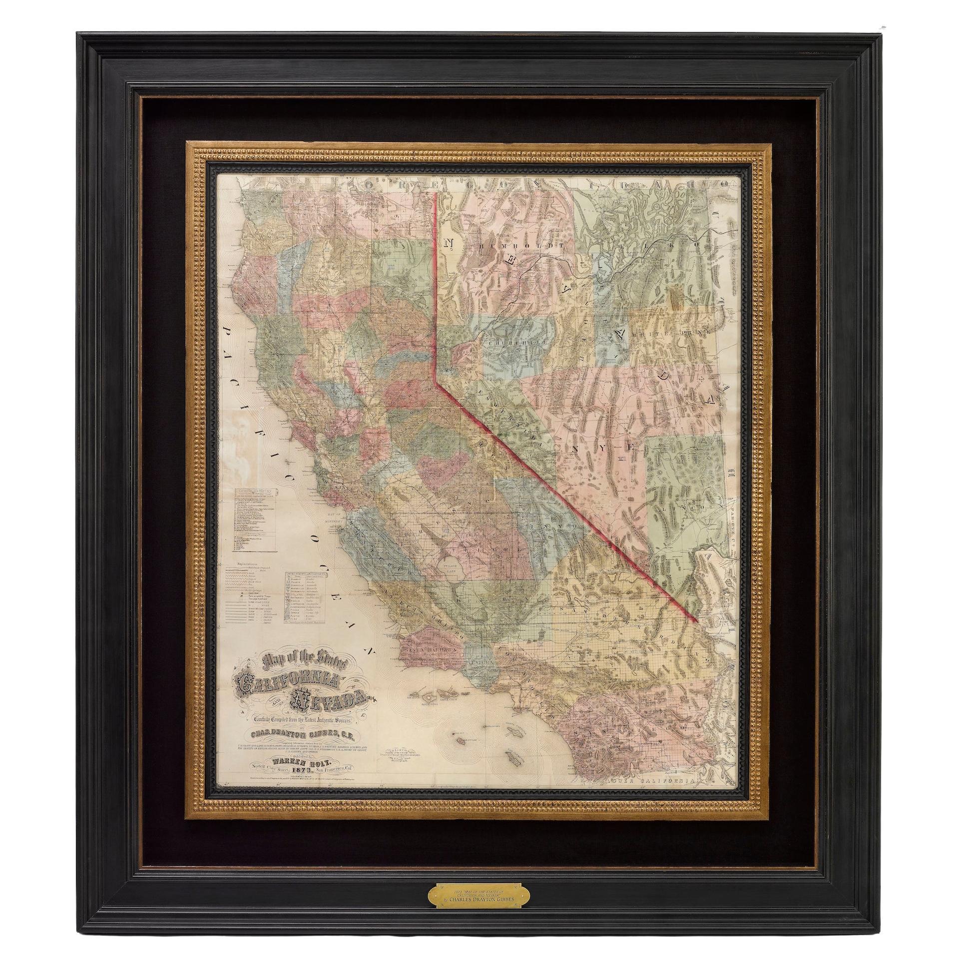 1873 "Map of the States of California and Nevada" by Chas. Drayton Gibbes For Sale