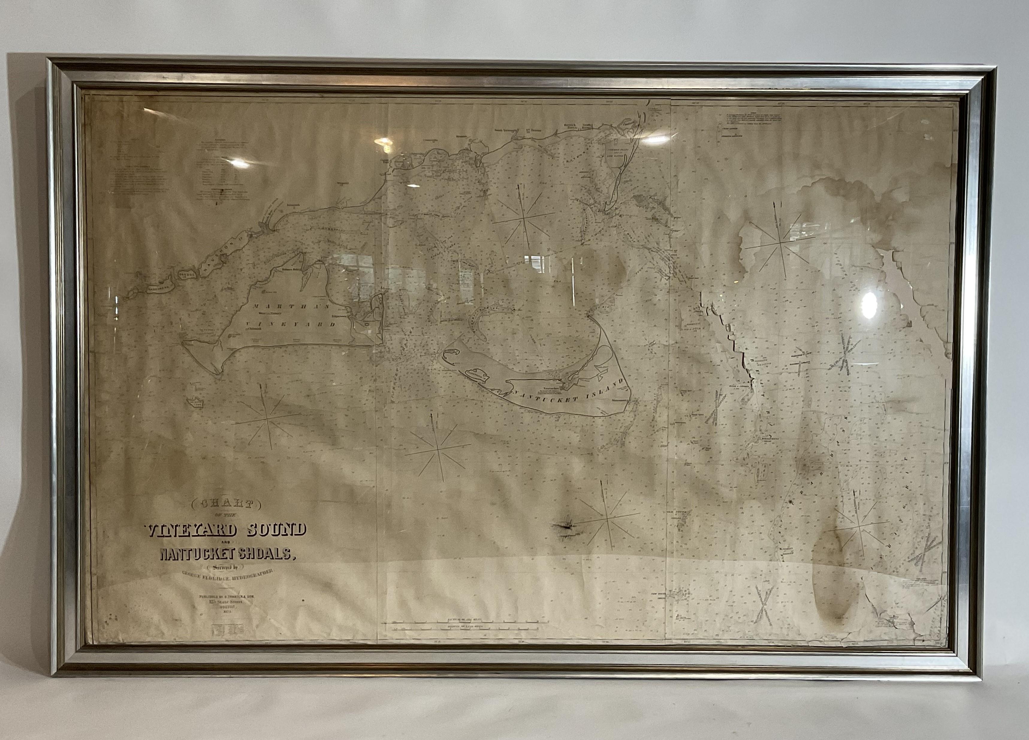 Original chart of Nantucket and Martha's Vineyard by George Eldridge, Cartographer, 125 State Street, Boston. Dated 1873. Mounted to canvas. Also showing the coast of Cape Cod including Osterville and Chatnam. Condition: Has areas of paper loss and