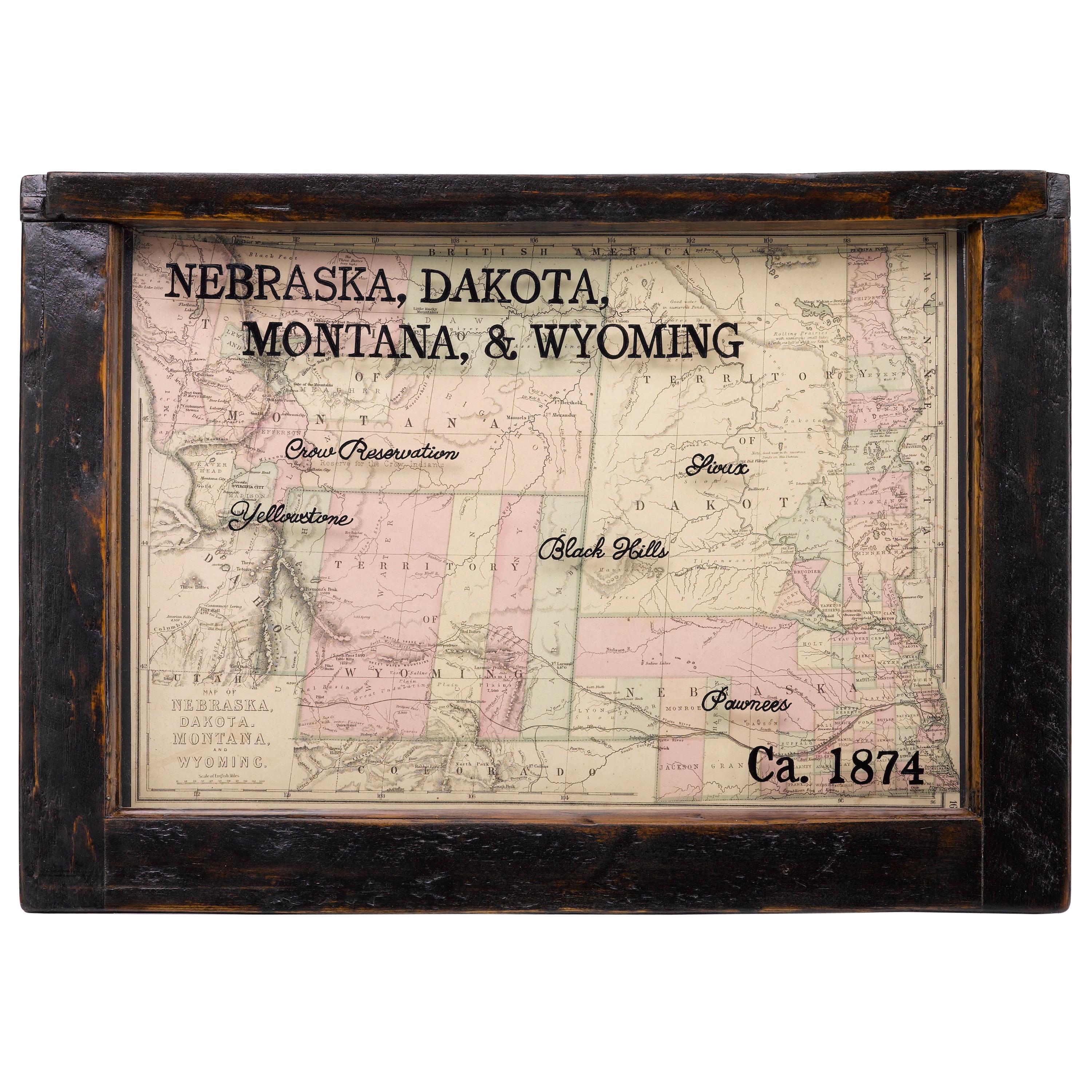 1874 Antique Map of Nebraska, Dakota, Montana, and Wyoming
