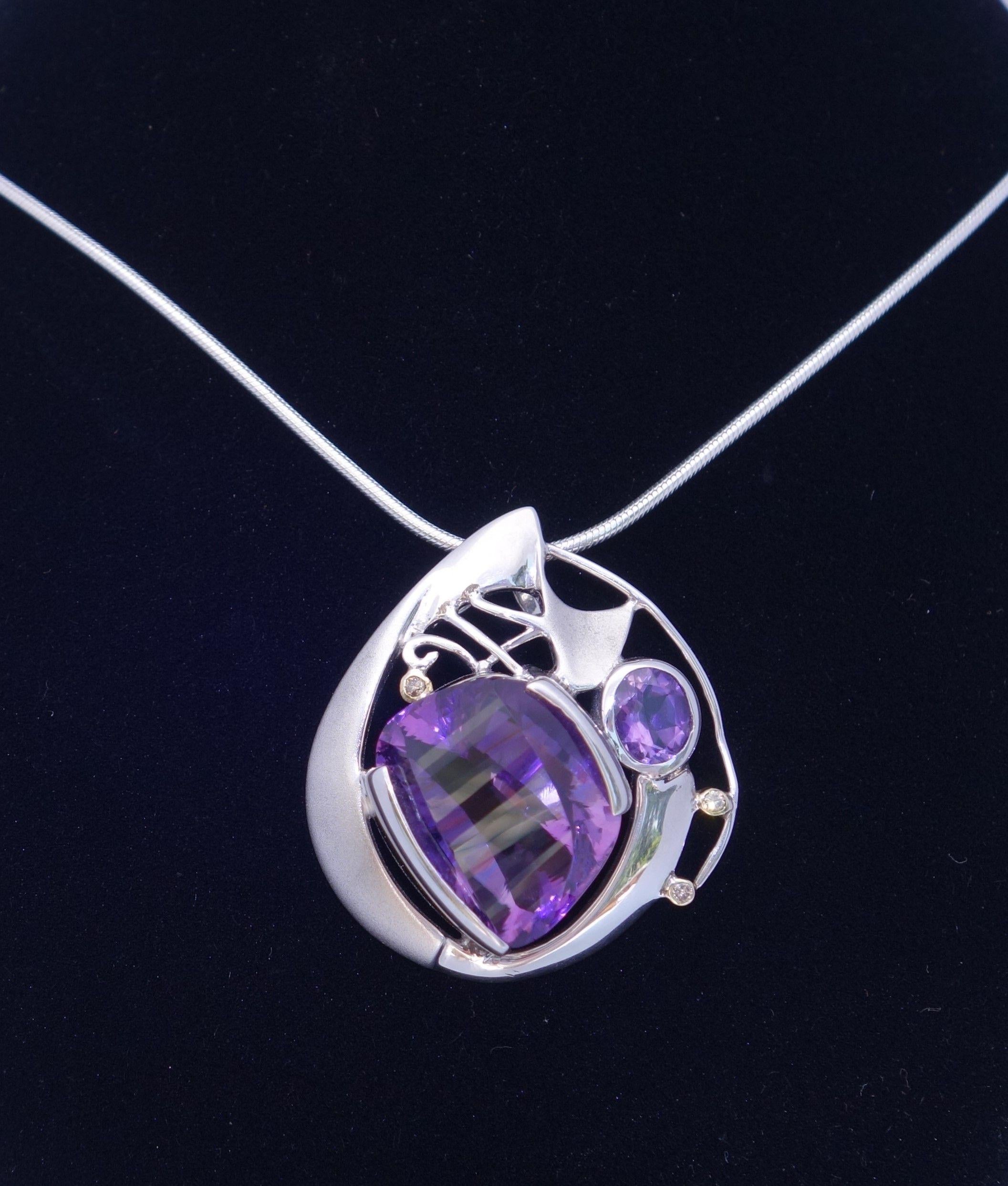 Mixed Cut 18.74 Carat Amethyst and Diamond Gold and Sterling Silver Pendant Necklace