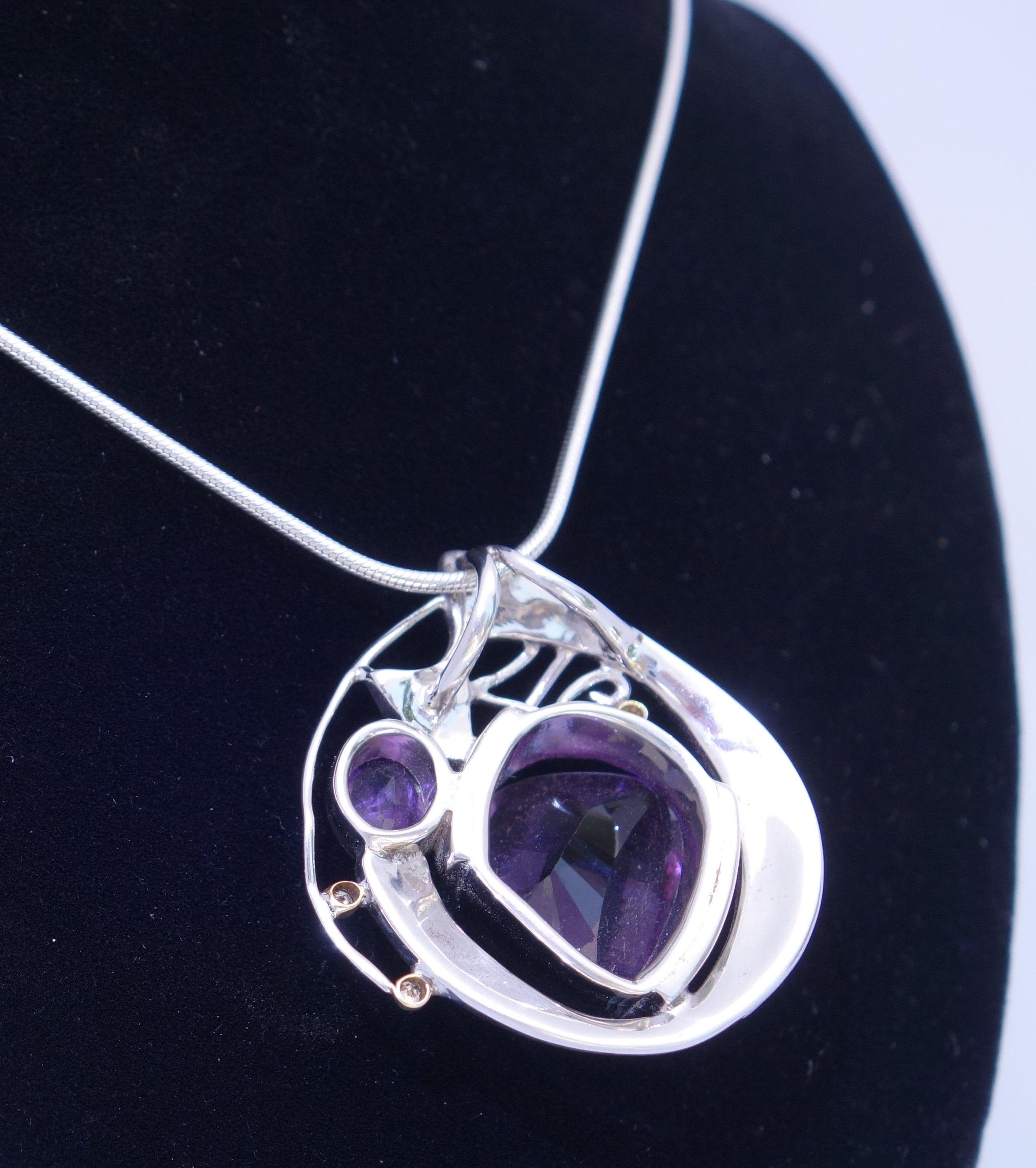18.74 Carat Amethyst and Diamond Gold and Sterling Silver Pendant Necklace 1