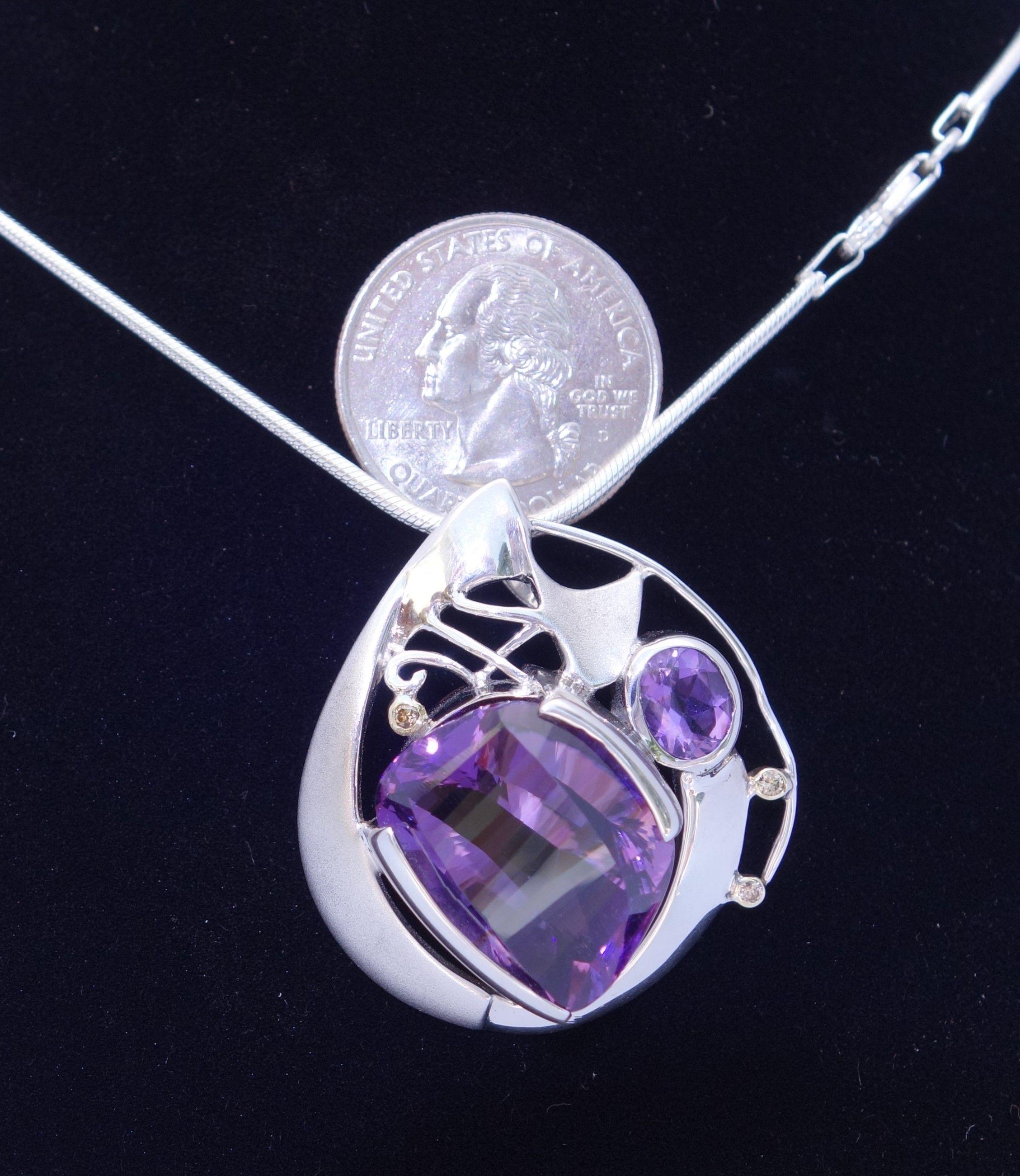 18.74 Carat Amethyst and Diamond Gold and Sterling Silver Pendant Necklace 2