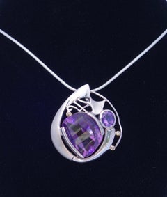 18.74 Carat Amethyst and Diamond Gold and Sterling Silver Pendant Necklace