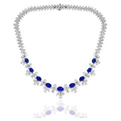 18.74 Carat Oval Cut Blue Sapphire and Diamond Necklace in Platinum