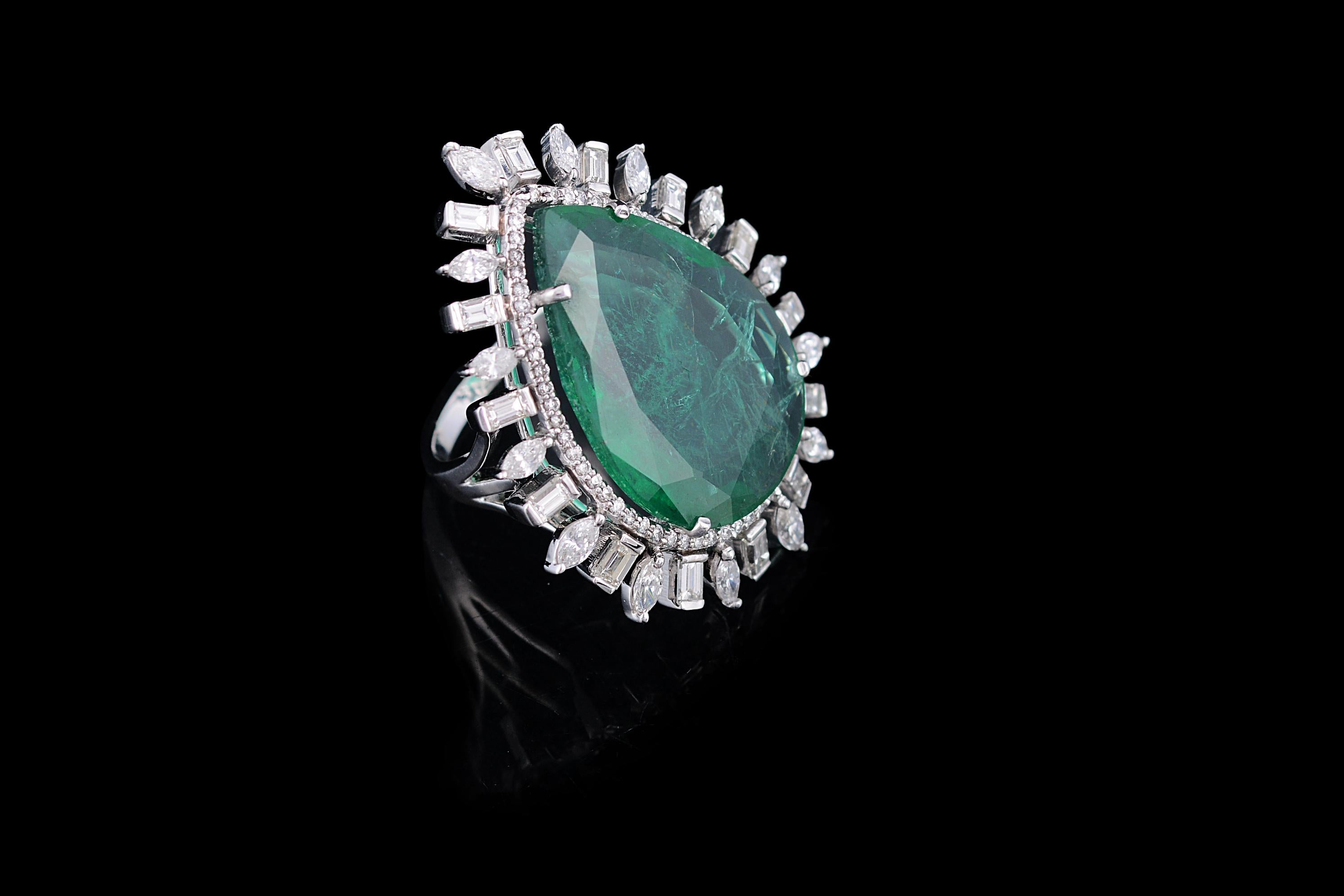 Baguette Cut 18.74 carats natural Zambian Emerald, Marquise & Baguette Diamond Cocktail Ring For Sale