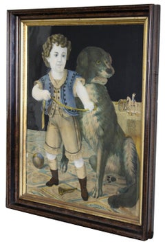 1874 Henry Schile My Protector Boy & Dog Colored Lithograph Framed Antique Print