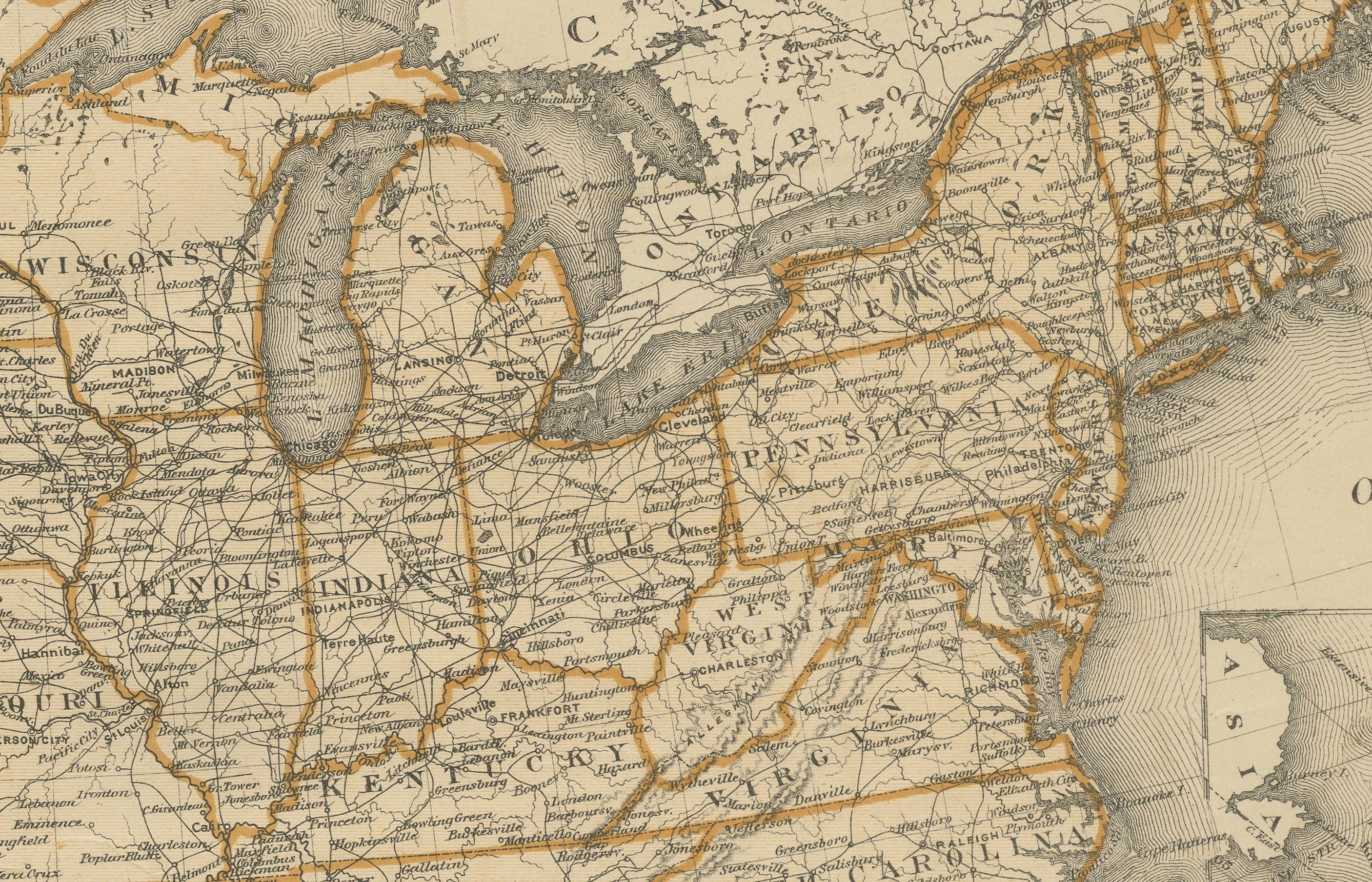 Titel: Karte der Vereinigten Staaten von Amerika von 1874 mit Territorialabgrenzungen

Beschreibung: Dies ist eine Karte aus dem Jahr 1874 mit dem Titel 