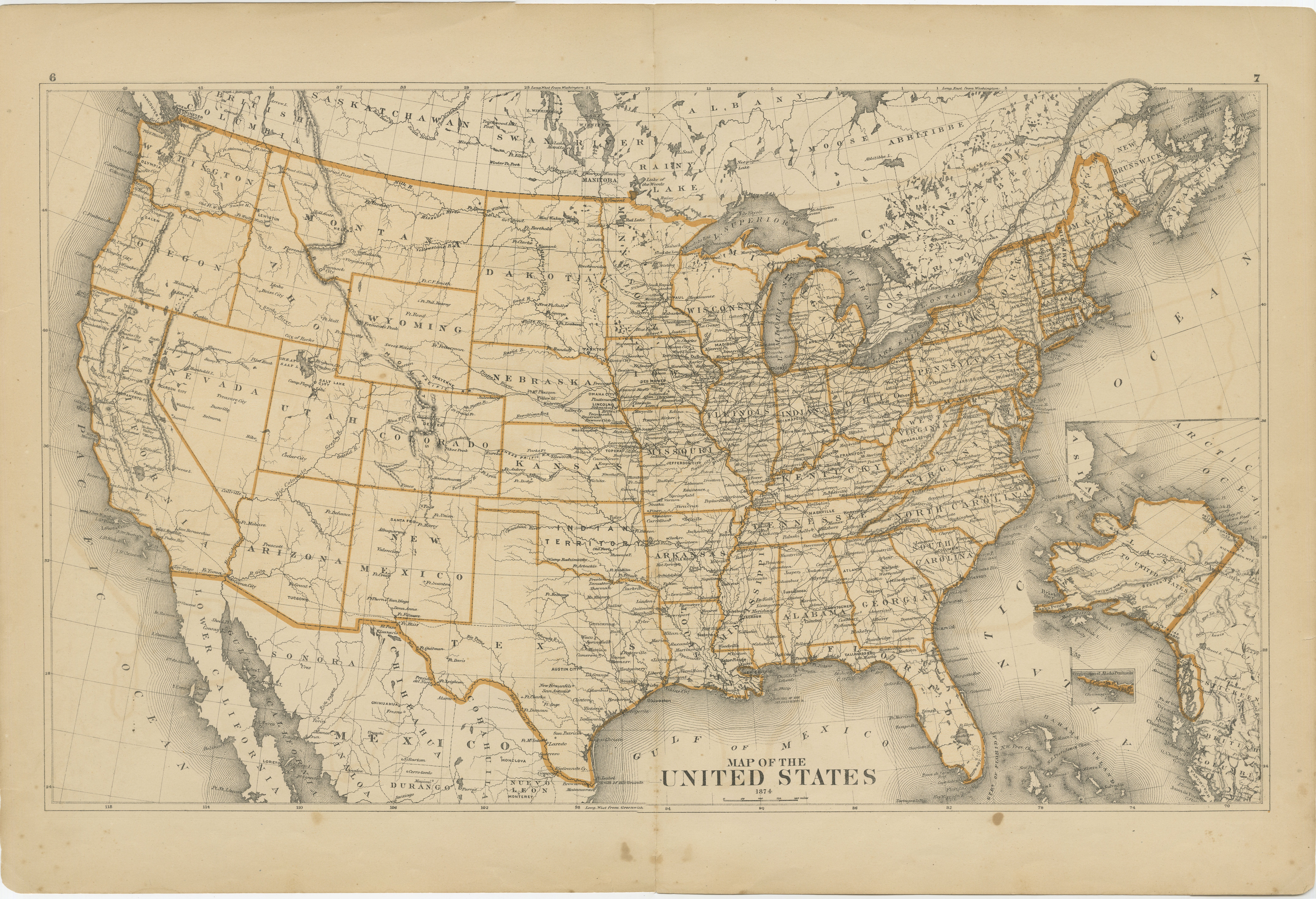 1874 Karte der Vereinigten Staaten mit territorialen Grenzen im Angebot